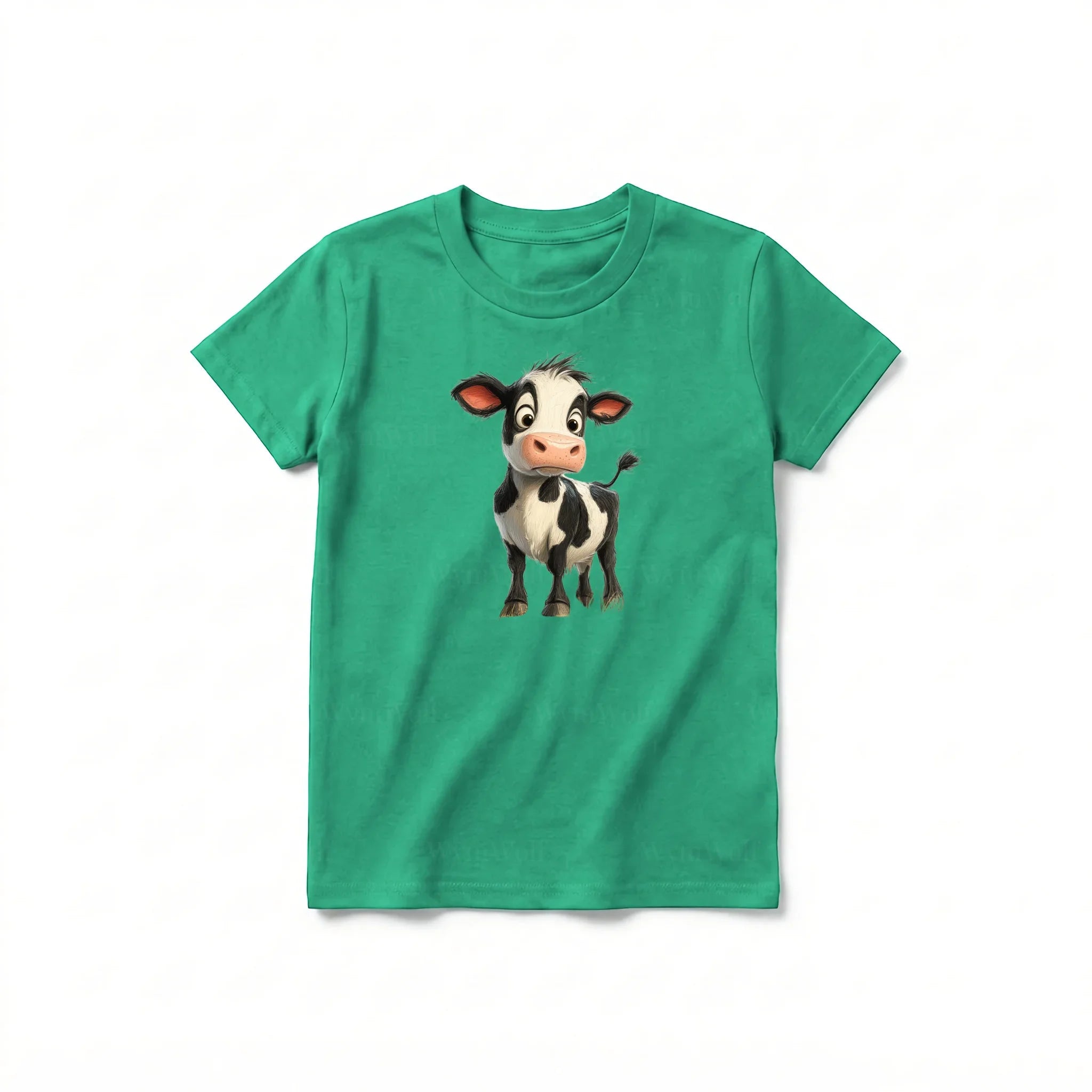 Un T-shirt kelly à manches courtes et col rond pour jeune, orné d'un motif représentant un animal de la ferme sur le devant.