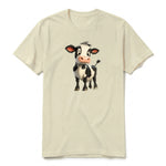 Un T-shirt latte à manches courtes et col rond, orné d'un motif représentant un animal de la ferme sur le devant.
