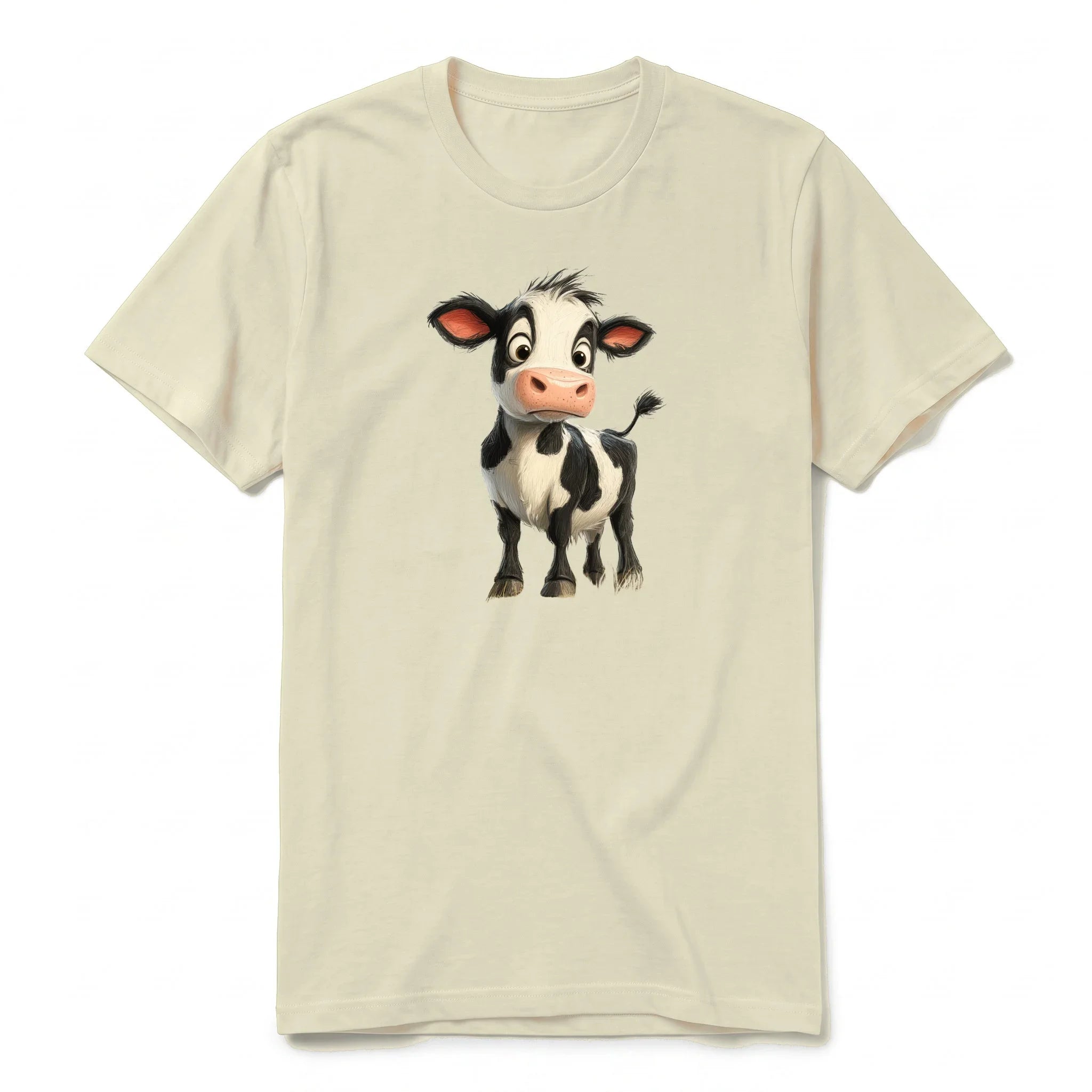 Un T-shirt latte à manches courtes et col rond, orné d'un motif représentant un animal de la ferme sur le devant.