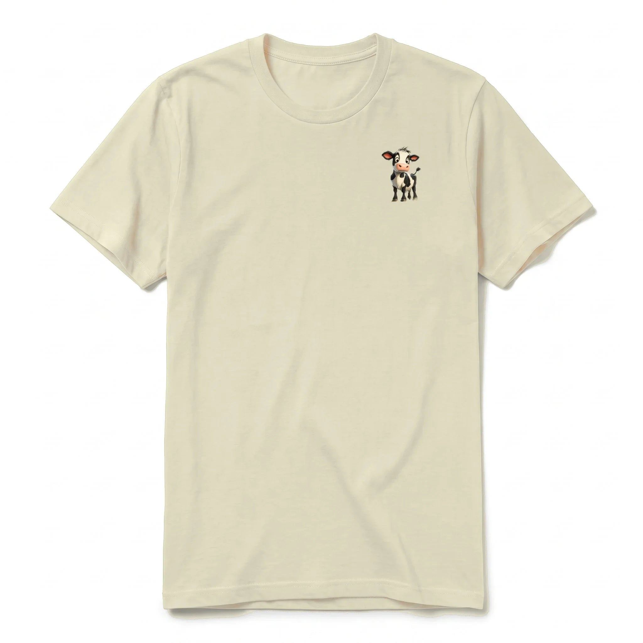 Un T-shirt latte à manches courtes et col rond, orné d'un motif représentant un animal de la ferme sur la poitrine gauche.
