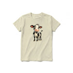 Un T-shirt latte à manches courtes et col rond pour jeune, orné d'un motif représentant un animal de la ferme sur le devant.