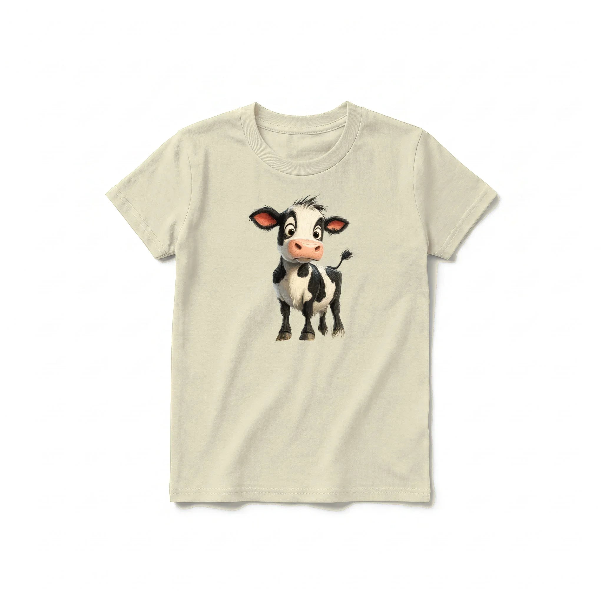 Un T-shirt latte à manches courtes et col rond pour jeune, orné d'un motif représentant un animal de la ferme sur le devant.