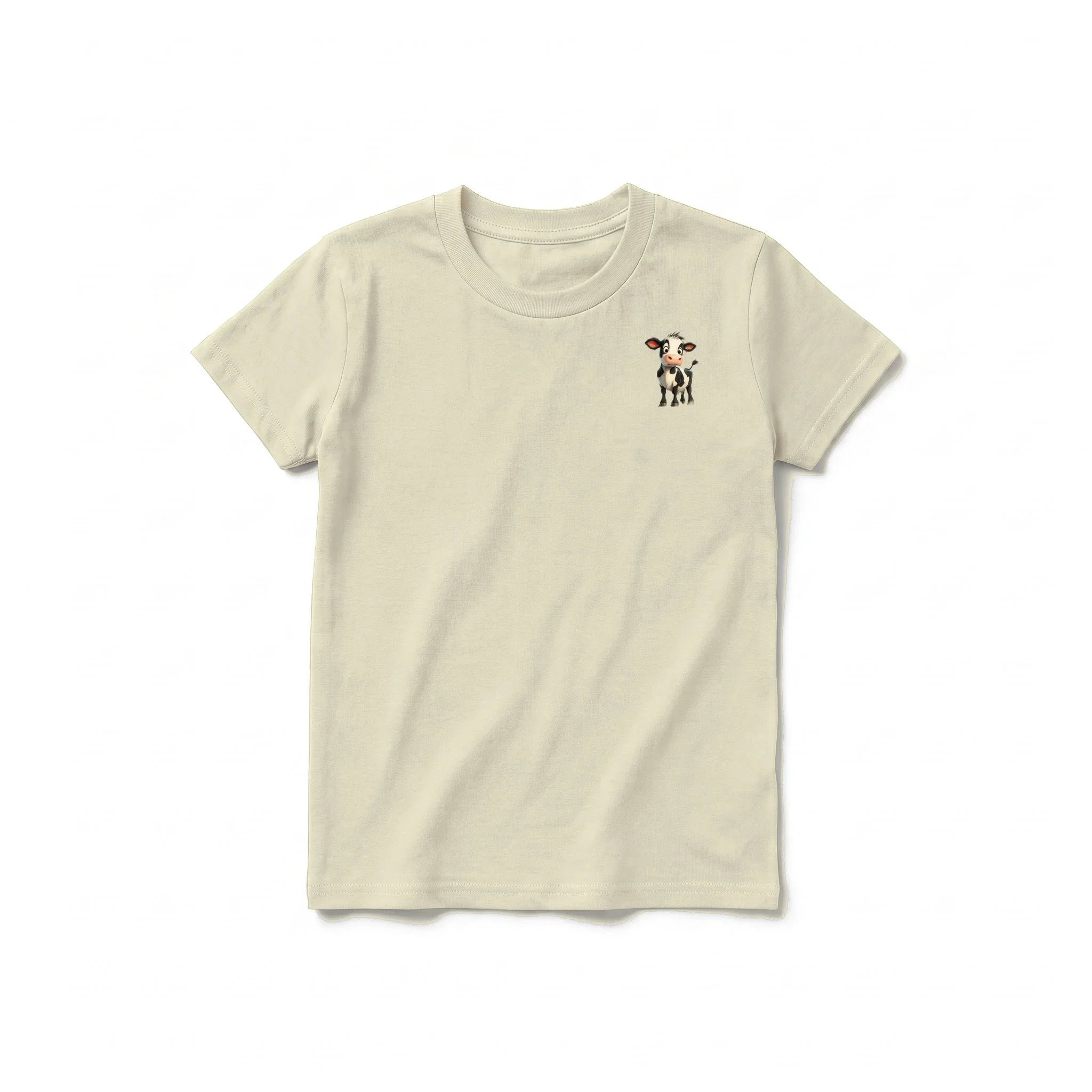 Un T-shirt latte à manches courtes et col rond pour jeune, orné d'un motif représentant un animal de la ferme sur la poitrine gauche.