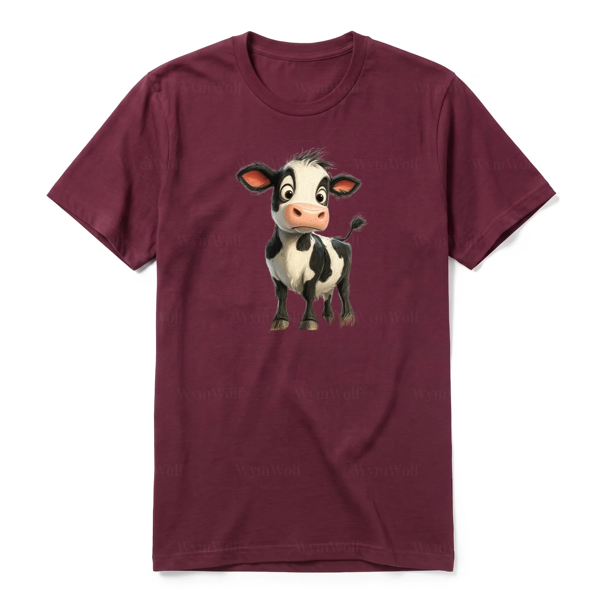 A maroon short-sleeve crewneck t-shirt for adult featuring a graphic of a farm animal on the front.