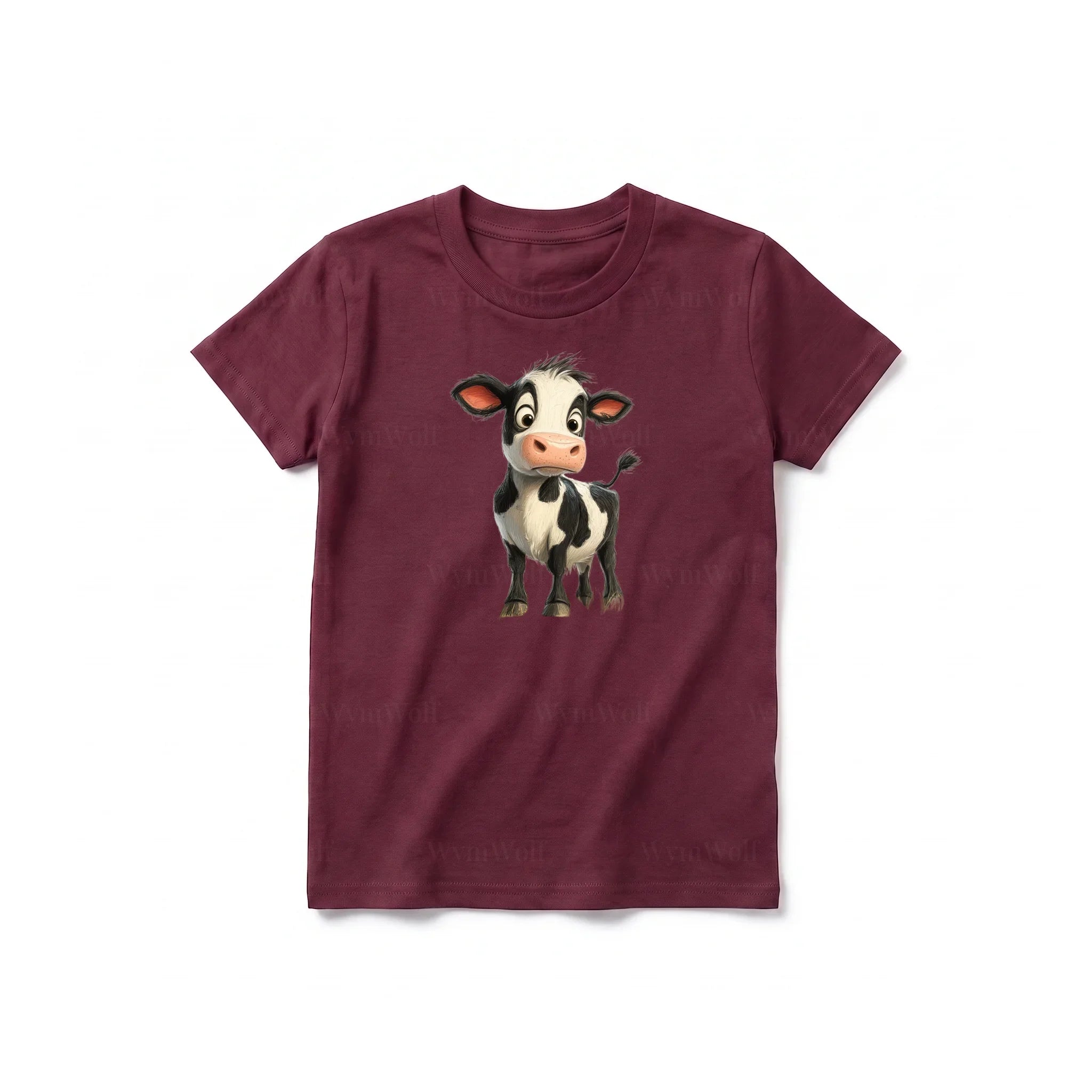 A maroon short-sleeve crewneck t-shirt for youth featuring a graphic of a farm animal on the front.