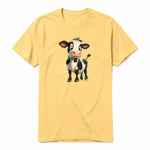 Un T-shirt moutarde à manches courtes et col rond, orné d'un motif représentant un animal de la ferme sur le devant.