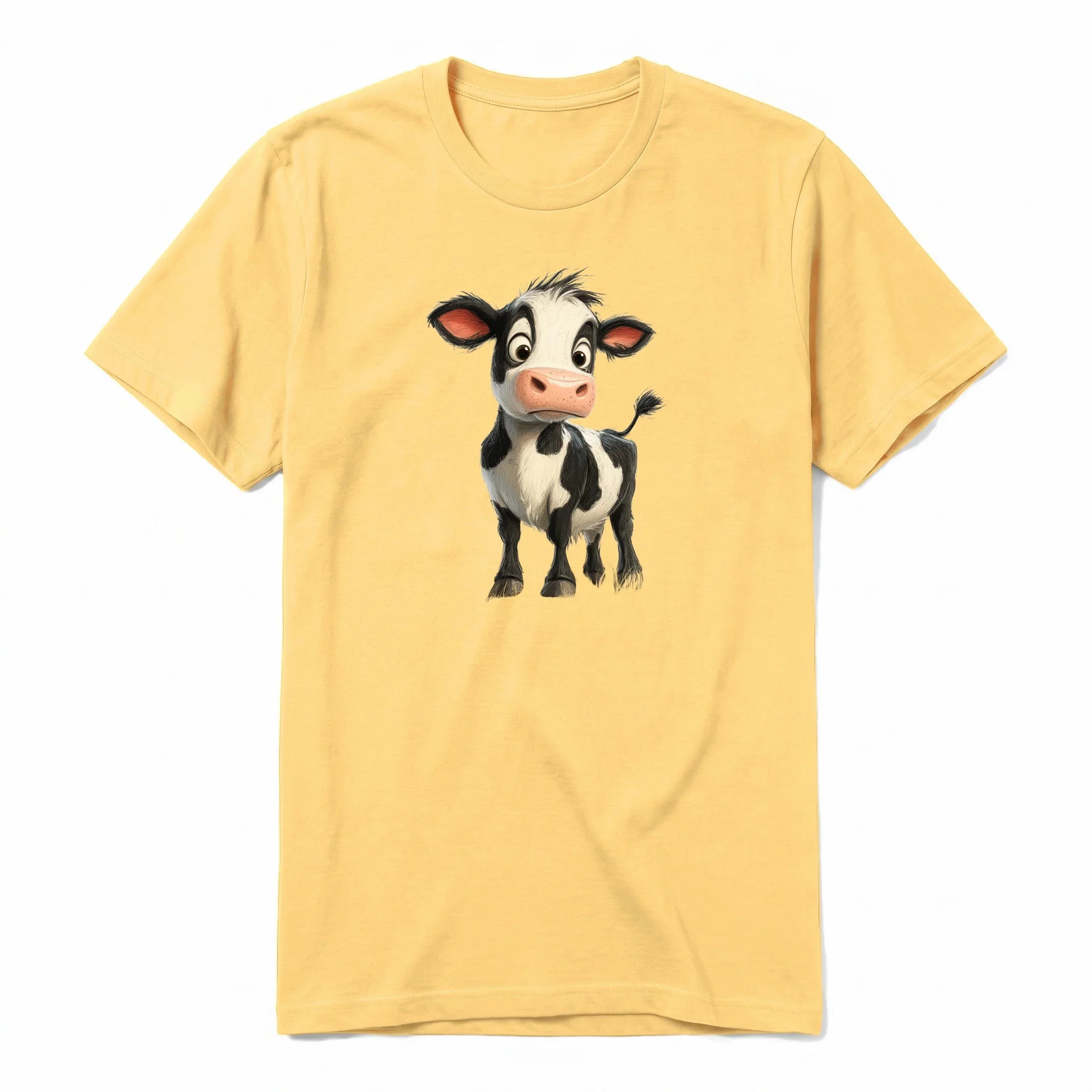 Un T-shirt moutarde à manches courtes et col rond, orné d'un motif représentant un animal de la ferme sur le devant.