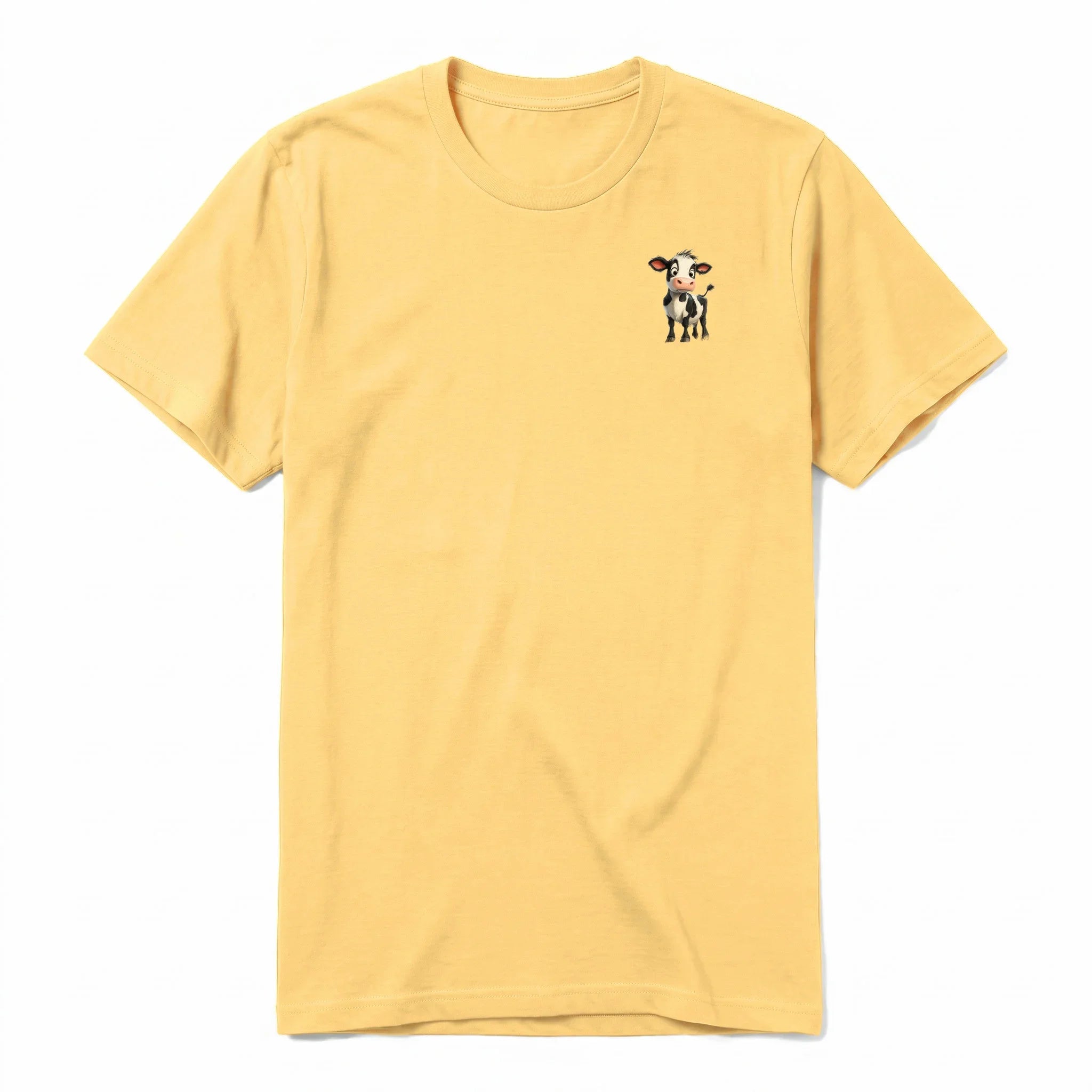Un T-shirt moutarde à manches courtes et col rond, orné d'un motif représentant un animal de la ferme sur la poitrine gauche.