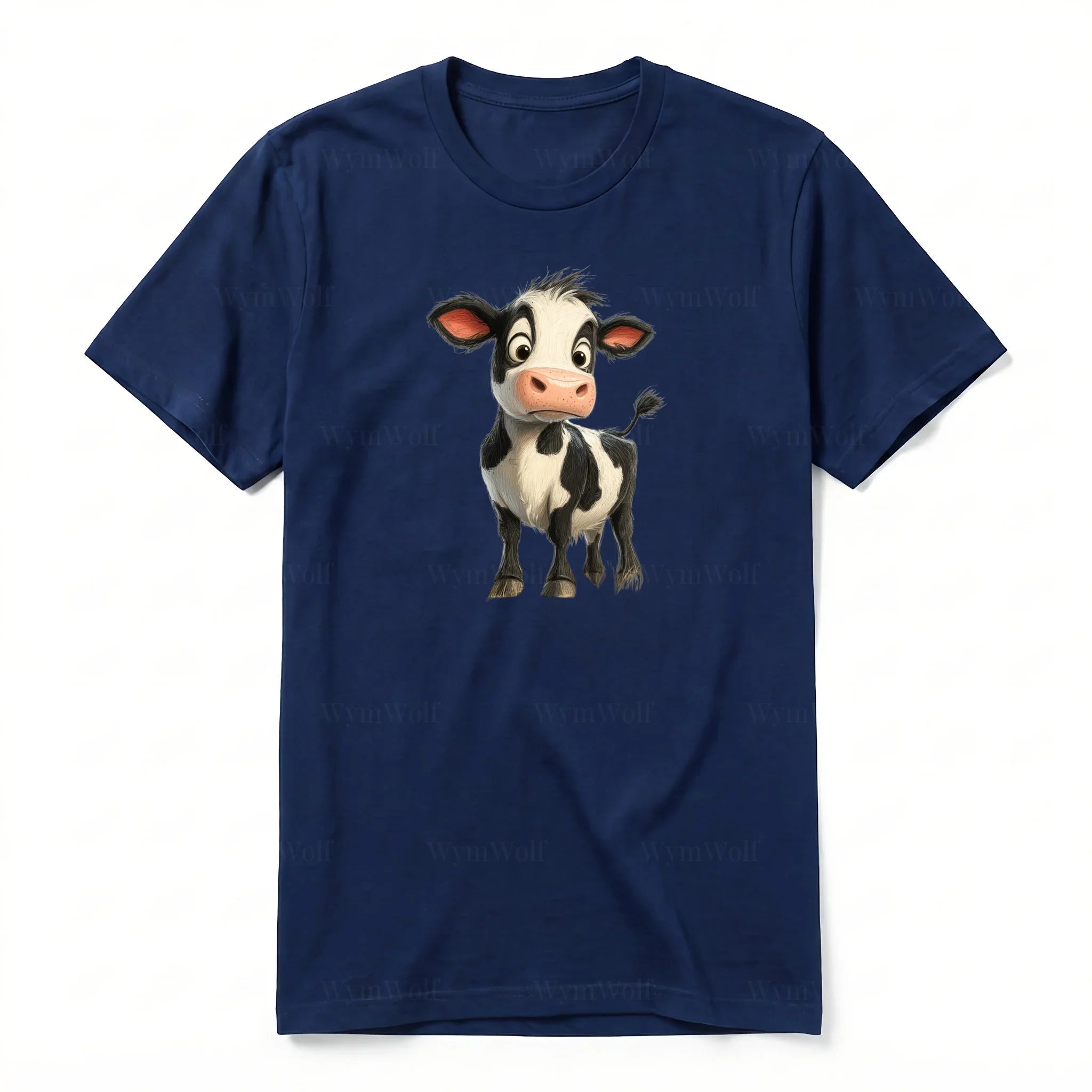 A navy short-sleeve crewneck t-shirt for adult featuring a graphic of a farm animal on the front.