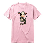 A pink short-sleeve crewneck t-shirt for adult featuring a graphic of a farm animal on the front.