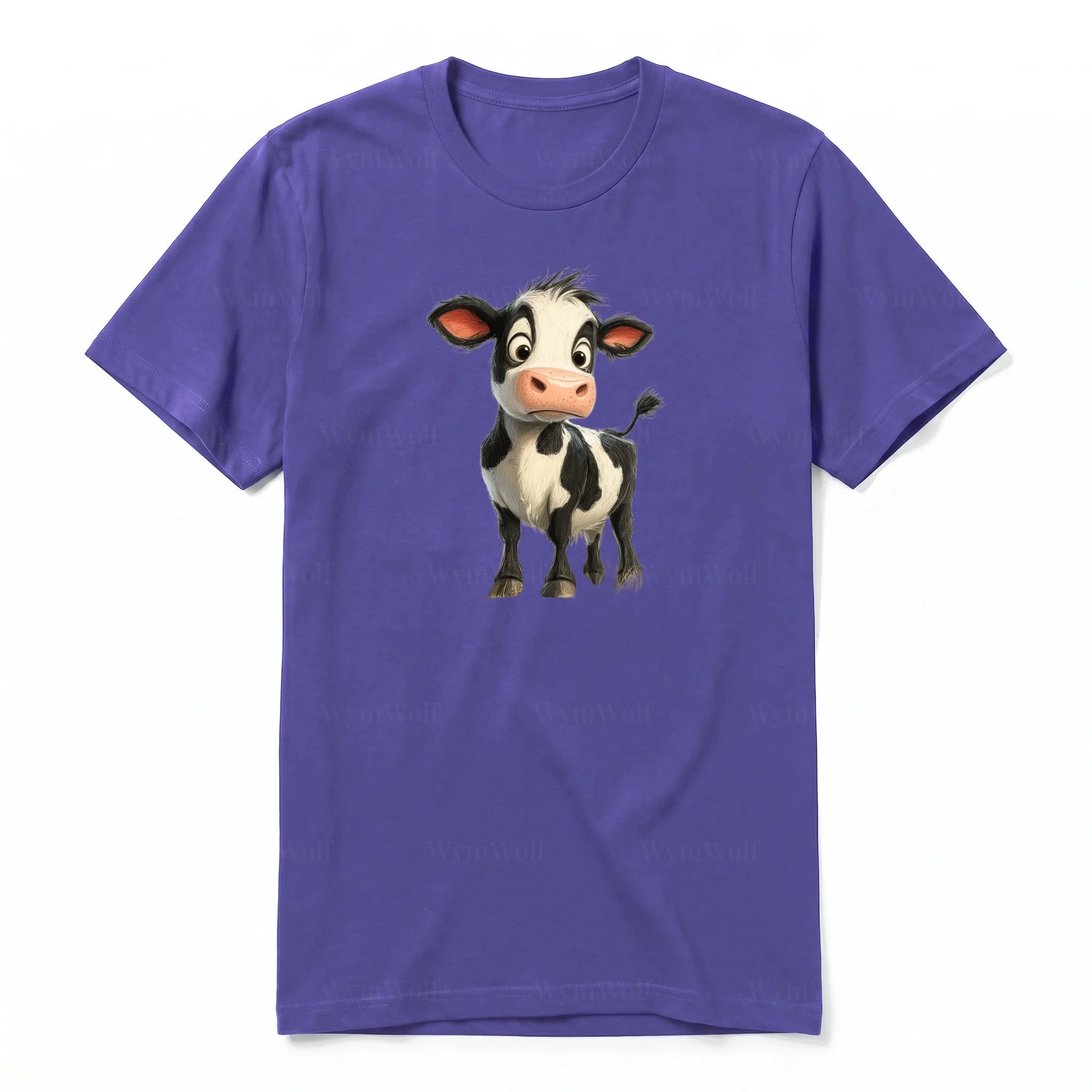 Un T-shirt violet à manches courtes et col rond, orné d'un motif représentant un animal de la ferme sur le devant.