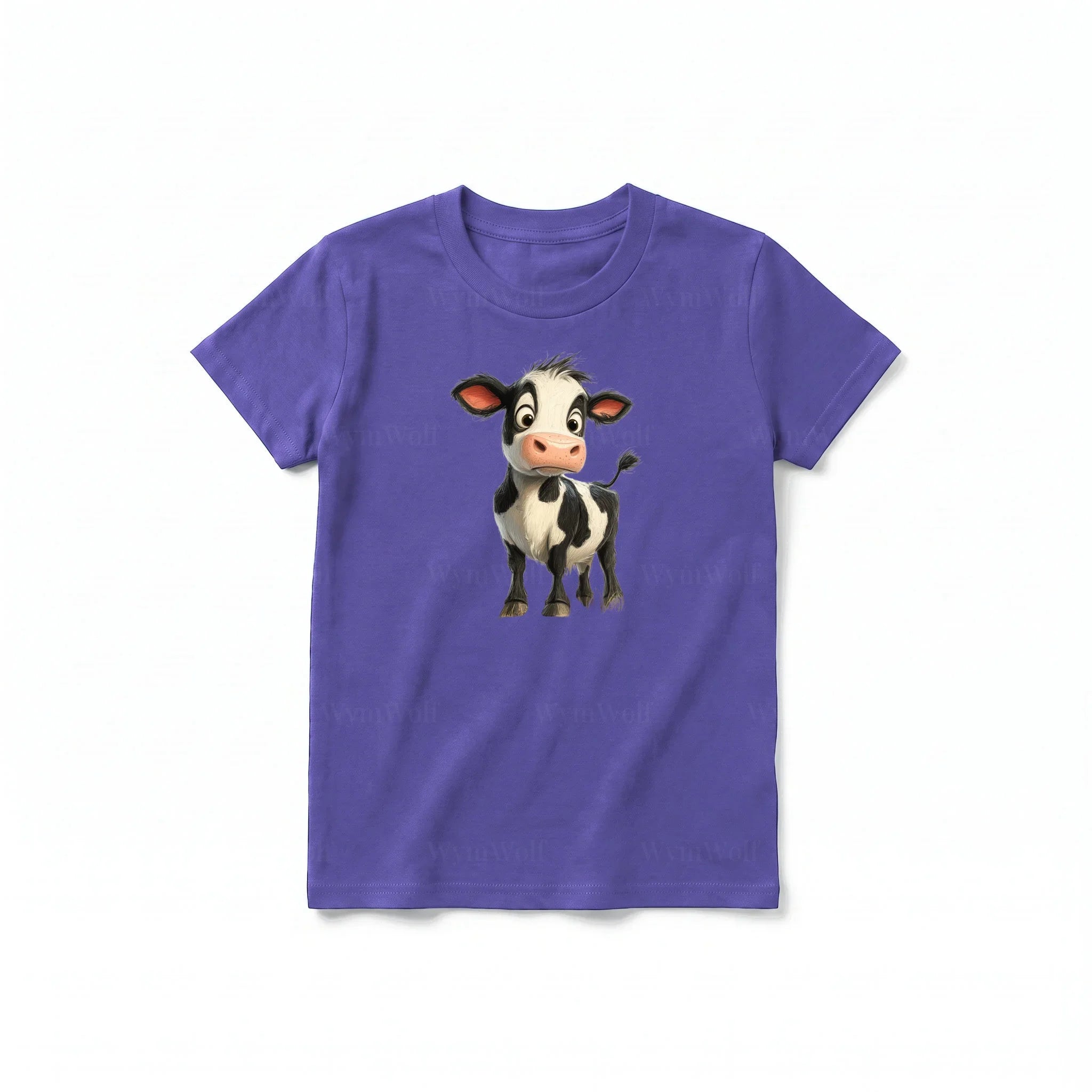 Un T-shirt violet à manches courtes et col rond pour jeune, orné d'un motif représentant un animal de la ferme sur le devant.