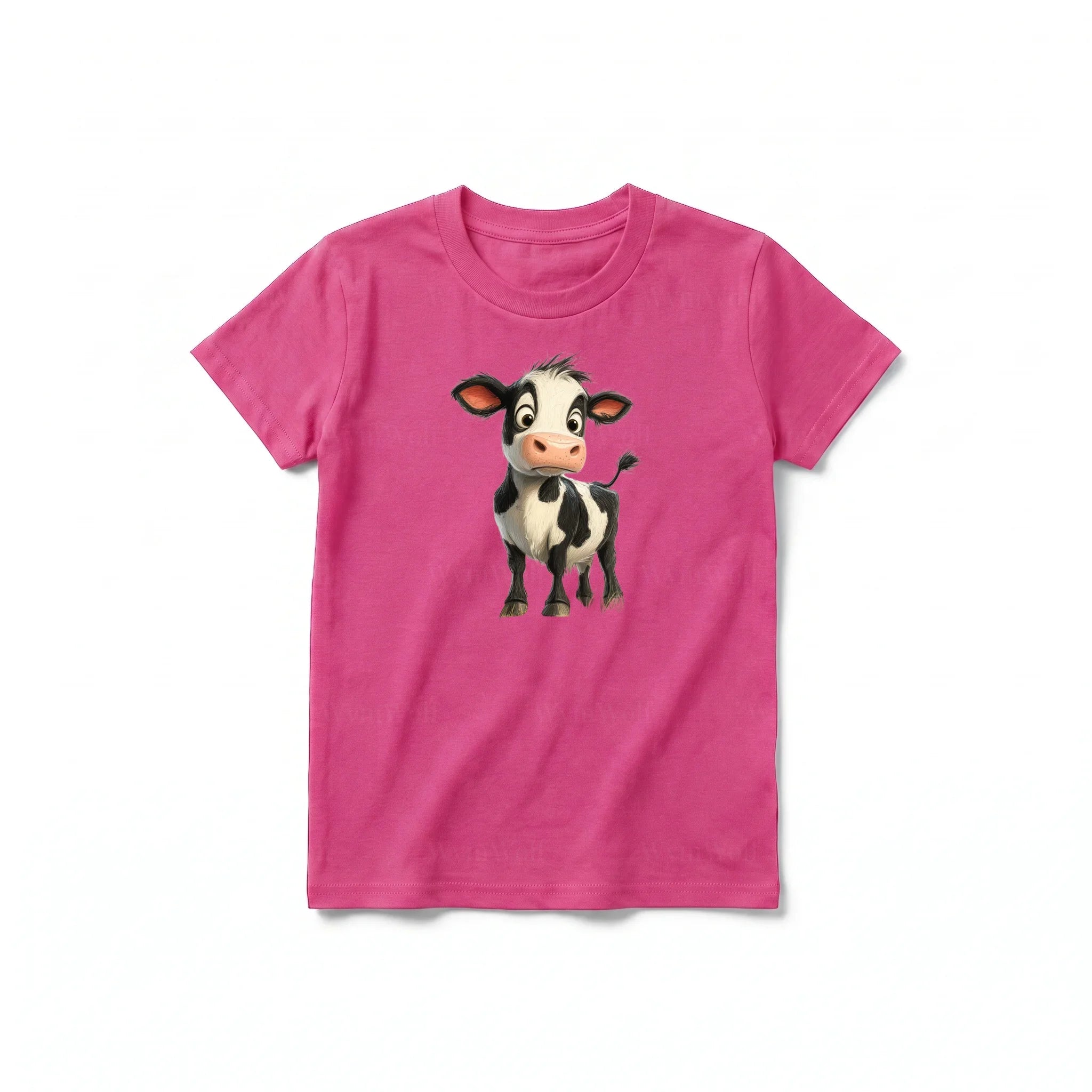A raspberry short-sleeve crewneck t-shirt for youth featuring a graphic of a farm animal on the front.