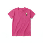 A raspberry short-sleeve crewneck t-shirt for youth featuring a graphic of a farm animal on the left chest.