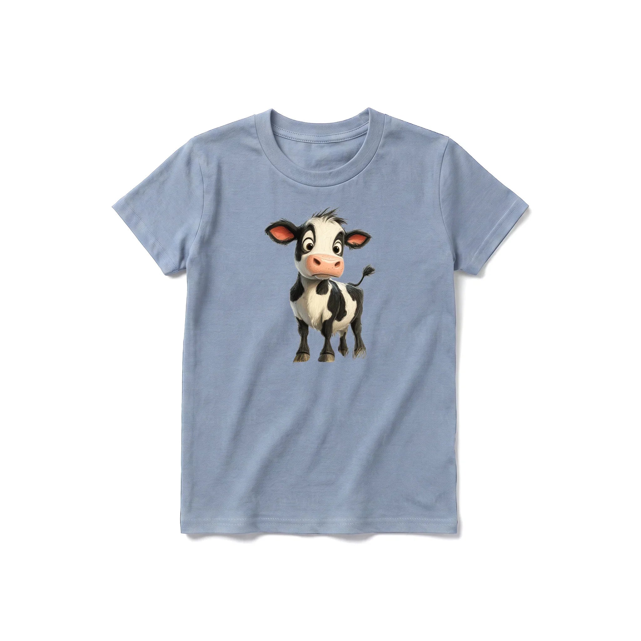Un T-shirt steel-blue à manches courtes et col rond pour jeune, orné d'un motif représentant un animal de la ferme sur le devant.