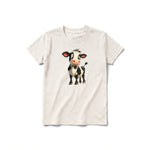 Un T-shirt blanc vintage à manches courtes et col rond pour jeune, orné d'un motif représentant un animal de la ferme sur le devant.