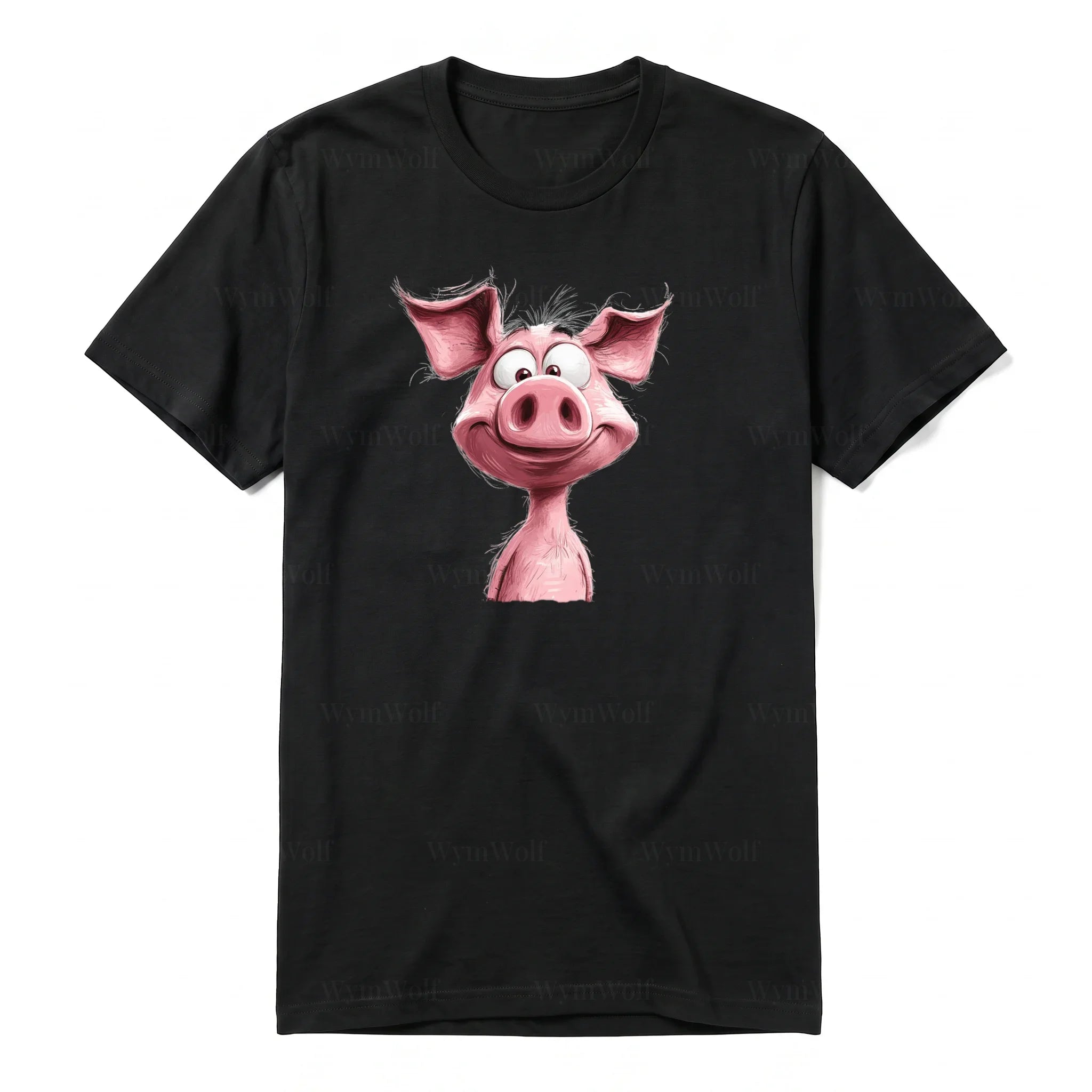 A black short-sleeve crewneck t-shirt for adult featuring a graphic of a farm animal on the front.