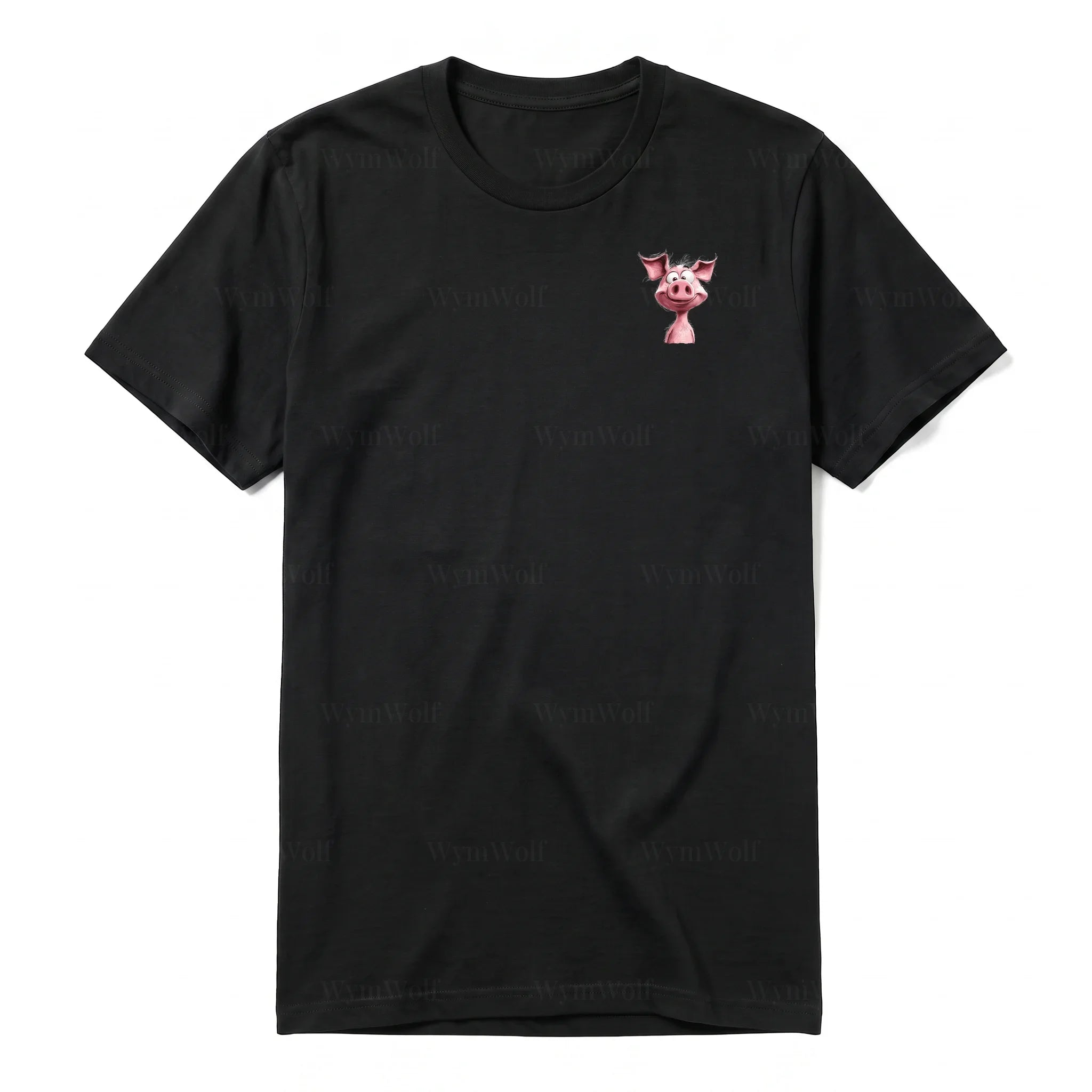 A black short-sleeve crewneck t-shirt for adult featuring a graphic of a farm animal on the left chest.