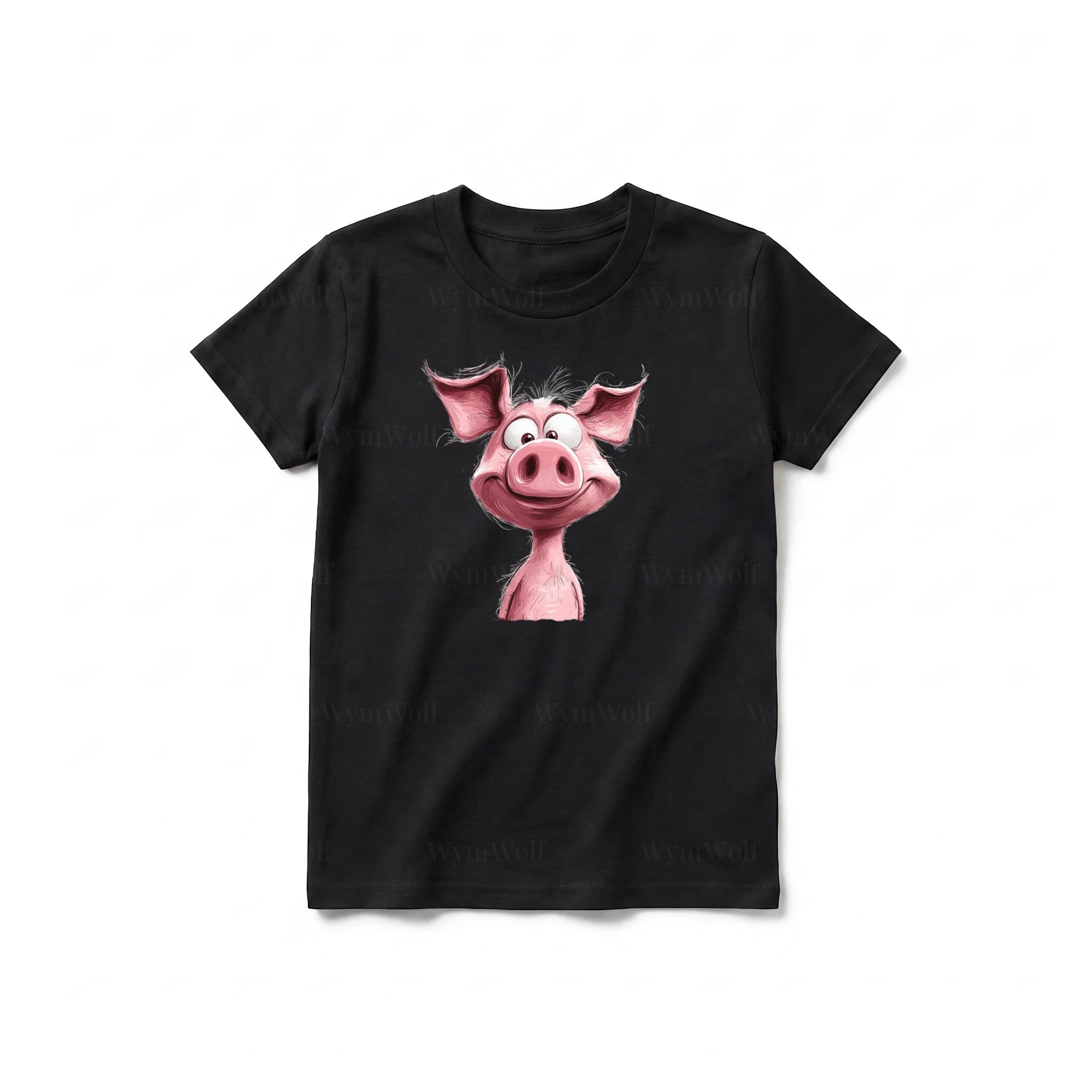 A black short-sleeve crewneck t-shirt for youth featuring a graphic of a farm animal on the front.