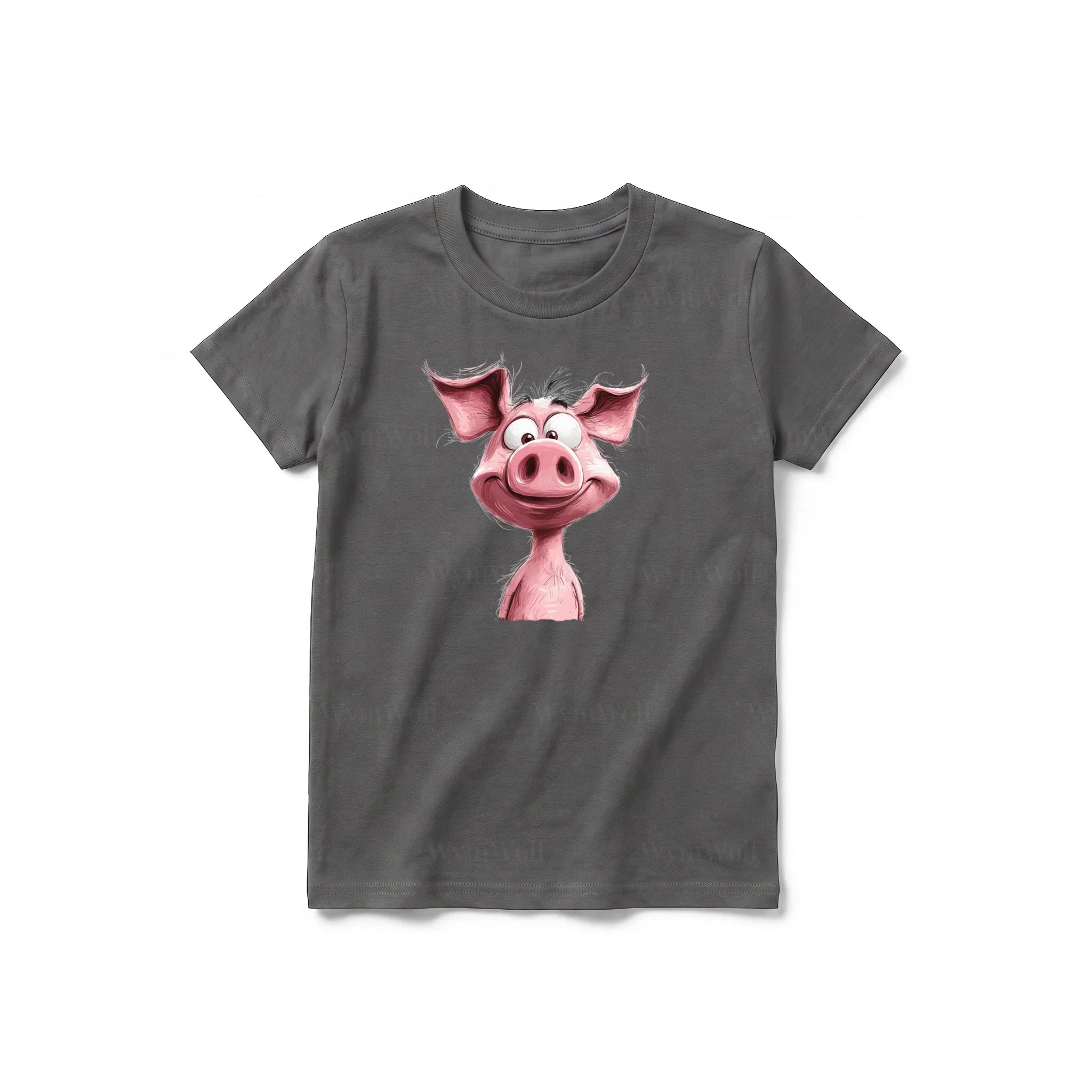 Un T-shirt charbon à manches courtes et col rond pour jeune, orné d'un motif représentant un animal de la ferme sur le devant.