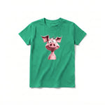 Un T-shirt kelly à manches courtes et col rond pour jeune, orné d'un motif représentant un animal de la ferme sur le devant.