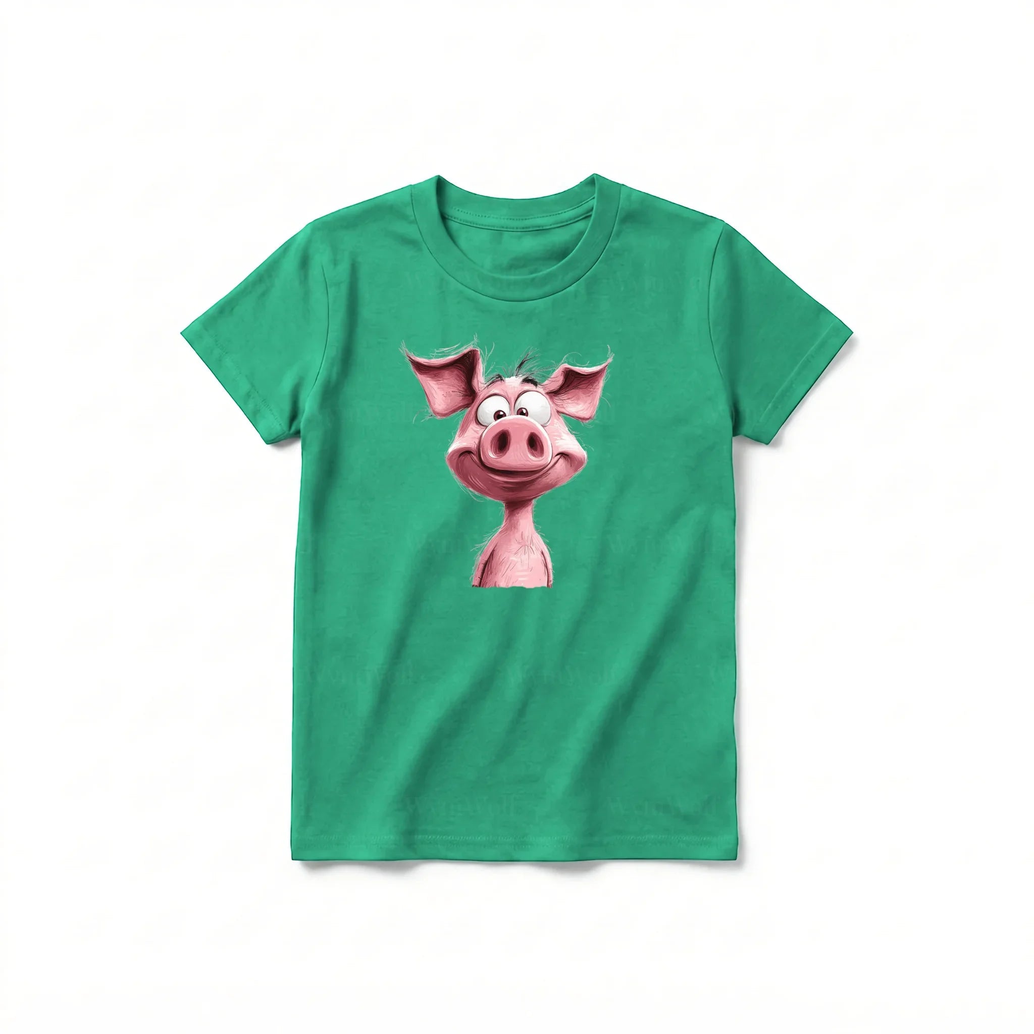 Un T-shirt kelly à manches courtes et col rond pour jeune, orné d'un motif représentant un animal de la ferme sur le devant.