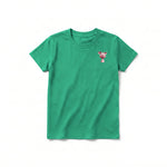 Un T-shirt kelly à manches courtes et col rond pour jeune, orné d'un motif représentant un animal de la ferme sur la poitrine gauche.