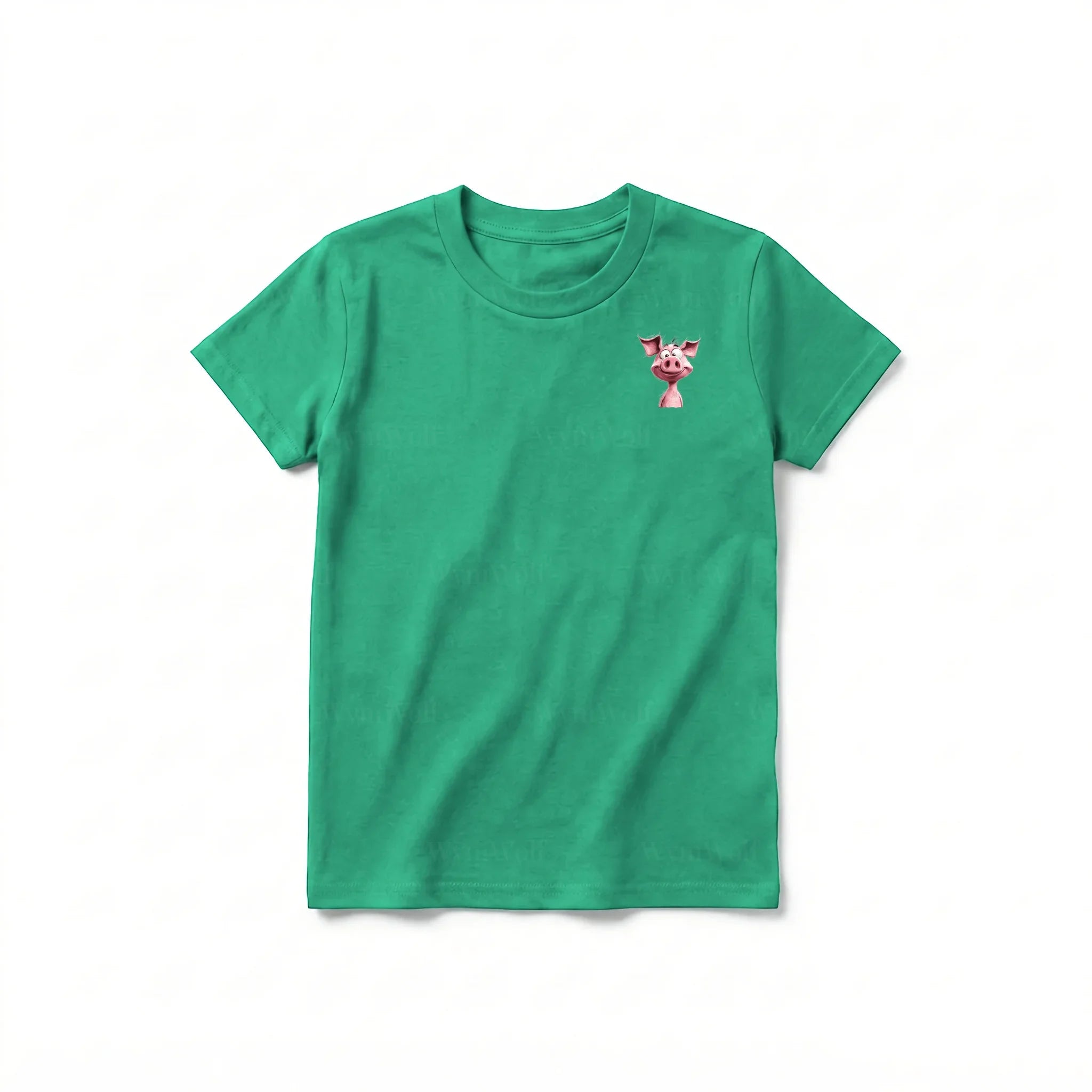 Un T-shirt kelly à manches courtes et col rond pour jeune, orné d'un motif représentant un animal de la ferme sur la poitrine gauche.