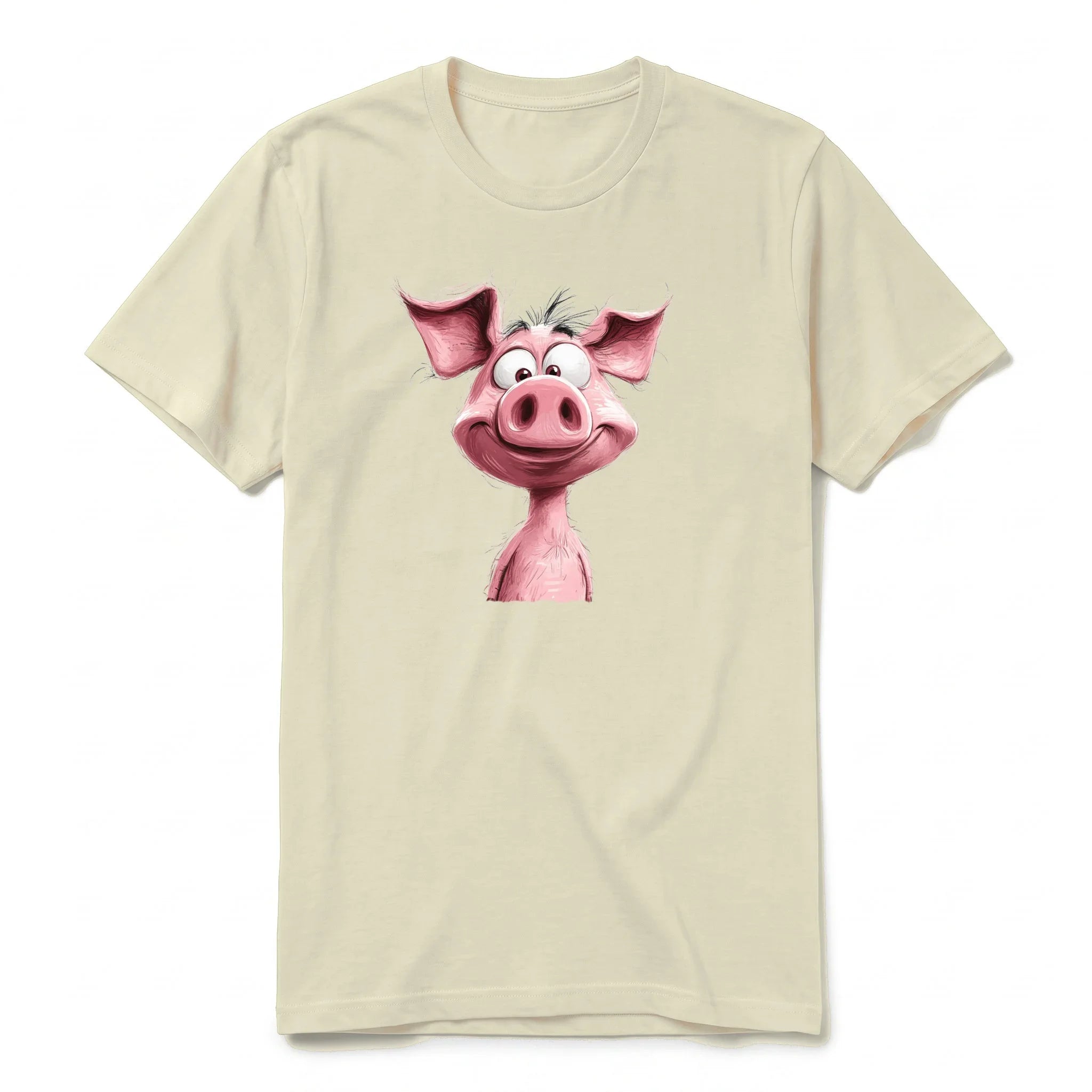 A latte short-sleeve crewneck t-shirt for adult featuring a graphic of a farm animal on the front.