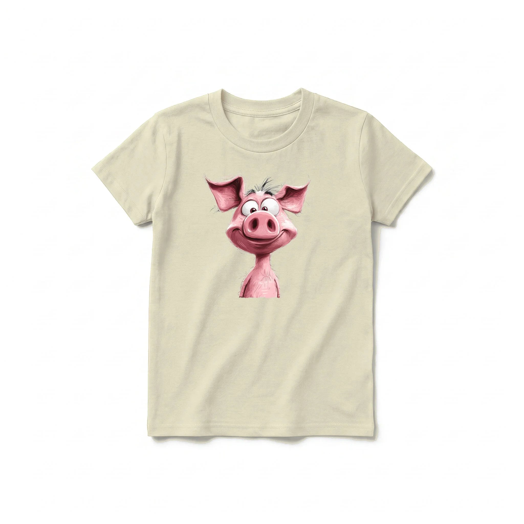A latte short-sleeve crewneck t-shirt for youth featuring a graphic of a farm animal on the front.