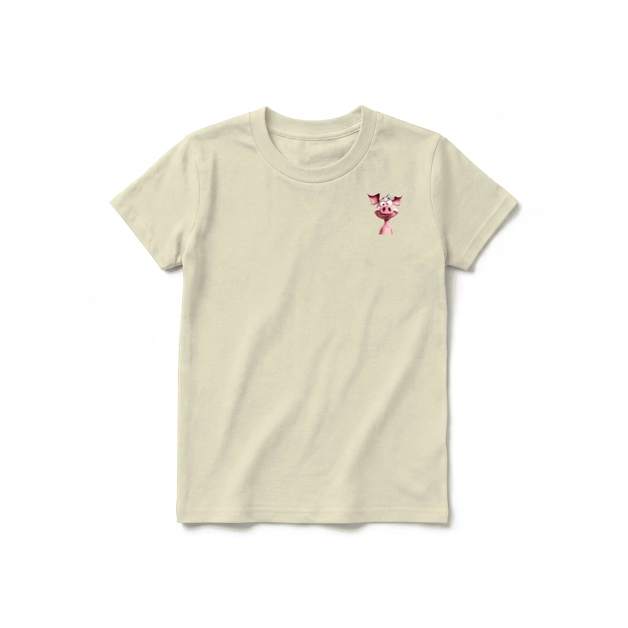 A latte short-sleeve crewneck t-shirt for youth featuring a graphic of a farm animal on the left chest.