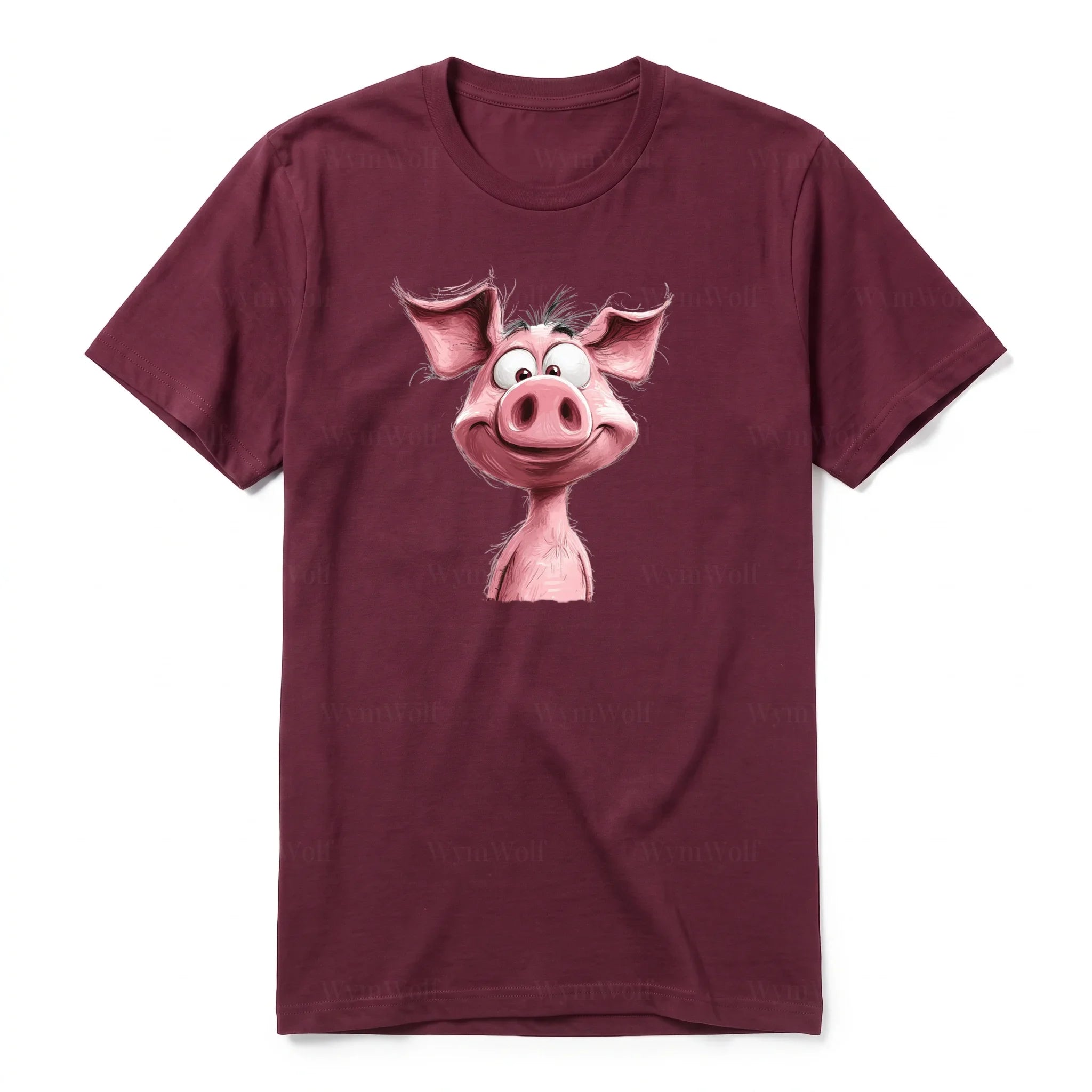 A maroon short-sleeve crewneck t-shirt for adult featuring a graphic of a farm animal on the front.