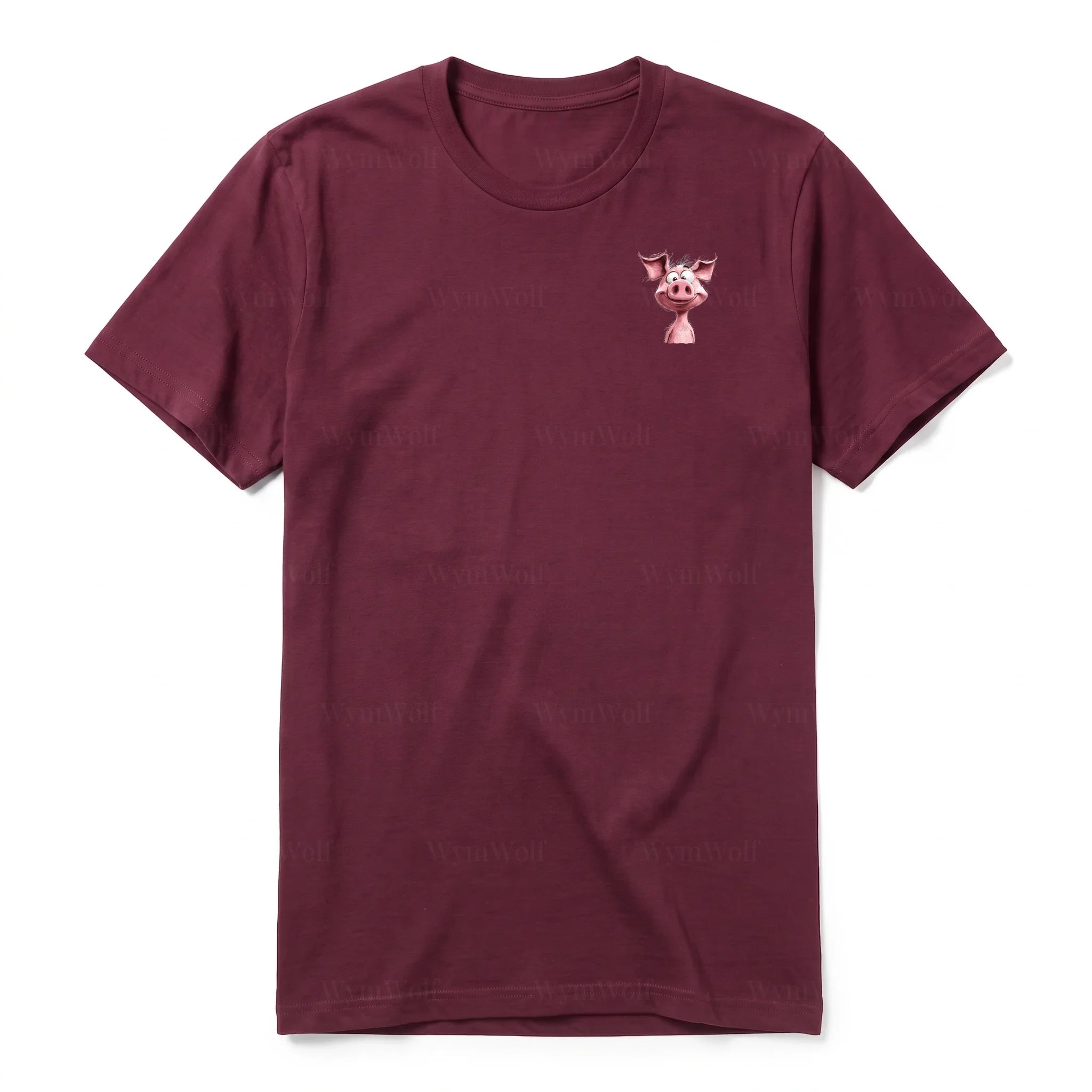 A maroon short-sleeve crewneck t-shirt for adult featuring a graphic of a farm animal on the left chest.