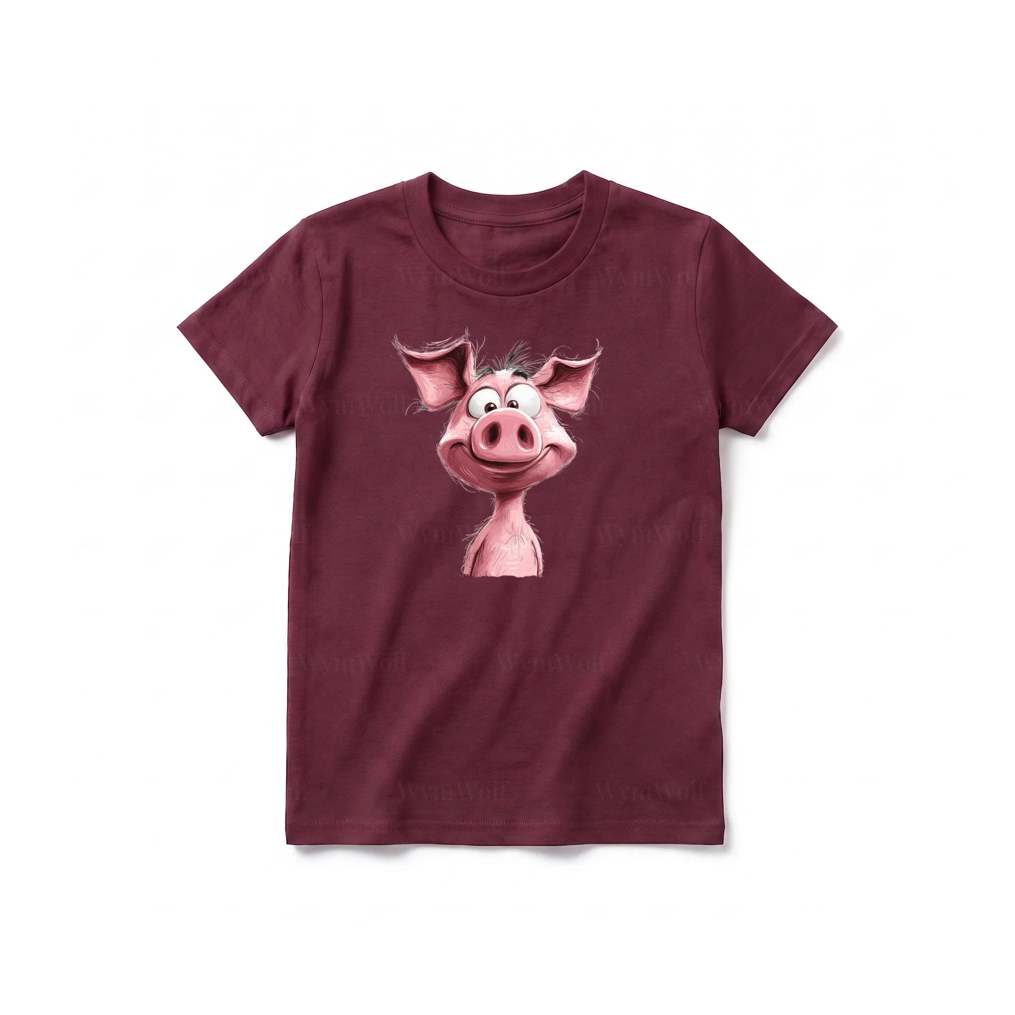 A maroon short-sleeve crewneck t-shirt for youth featuring a graphic of a farm animal on the front.