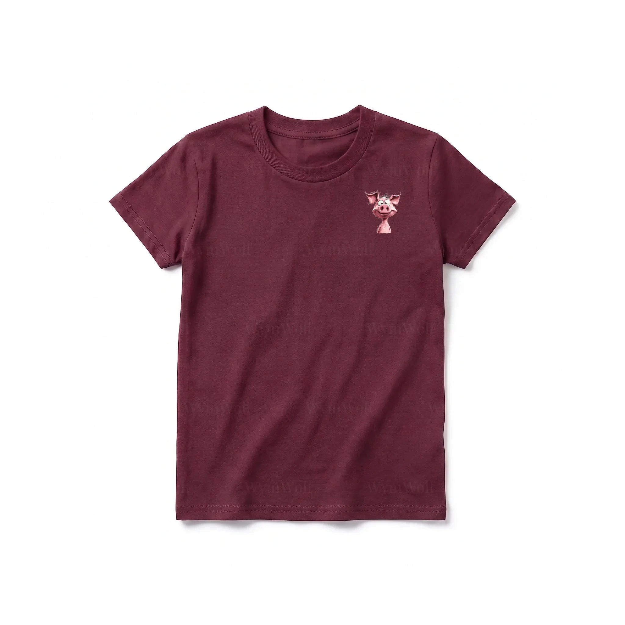 A maroon short-sleeve crewneck t-shirt for youth featuring a graphic of a farm animal on the left chest.