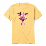 Un T-shirt moutarde à manches courtes et col rond, orné d'un motif représentant un animal de la ferme sur le devant.