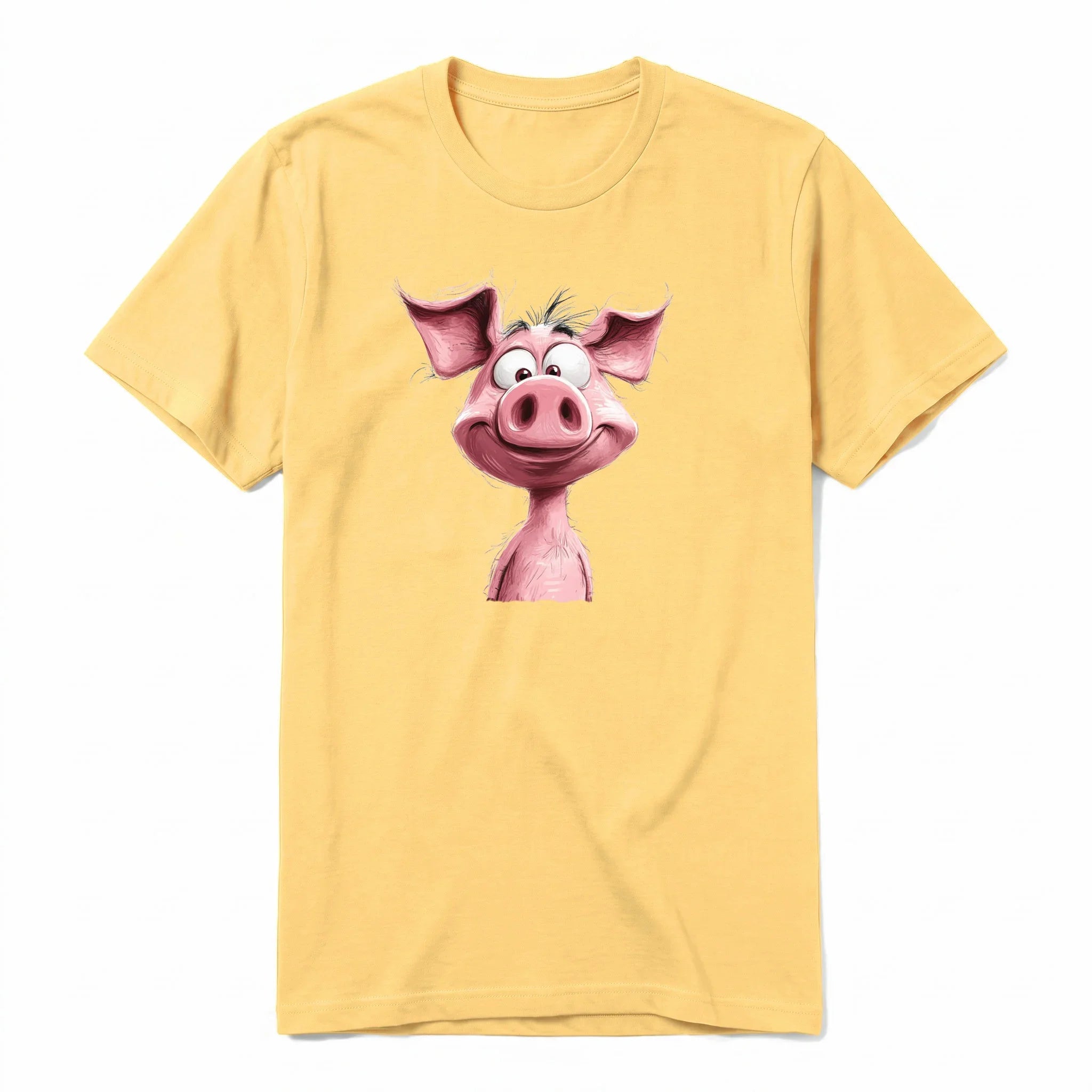 Un T-shirt moutarde à manches courtes et col rond, orné d'un motif représentant un animal de la ferme sur le devant.