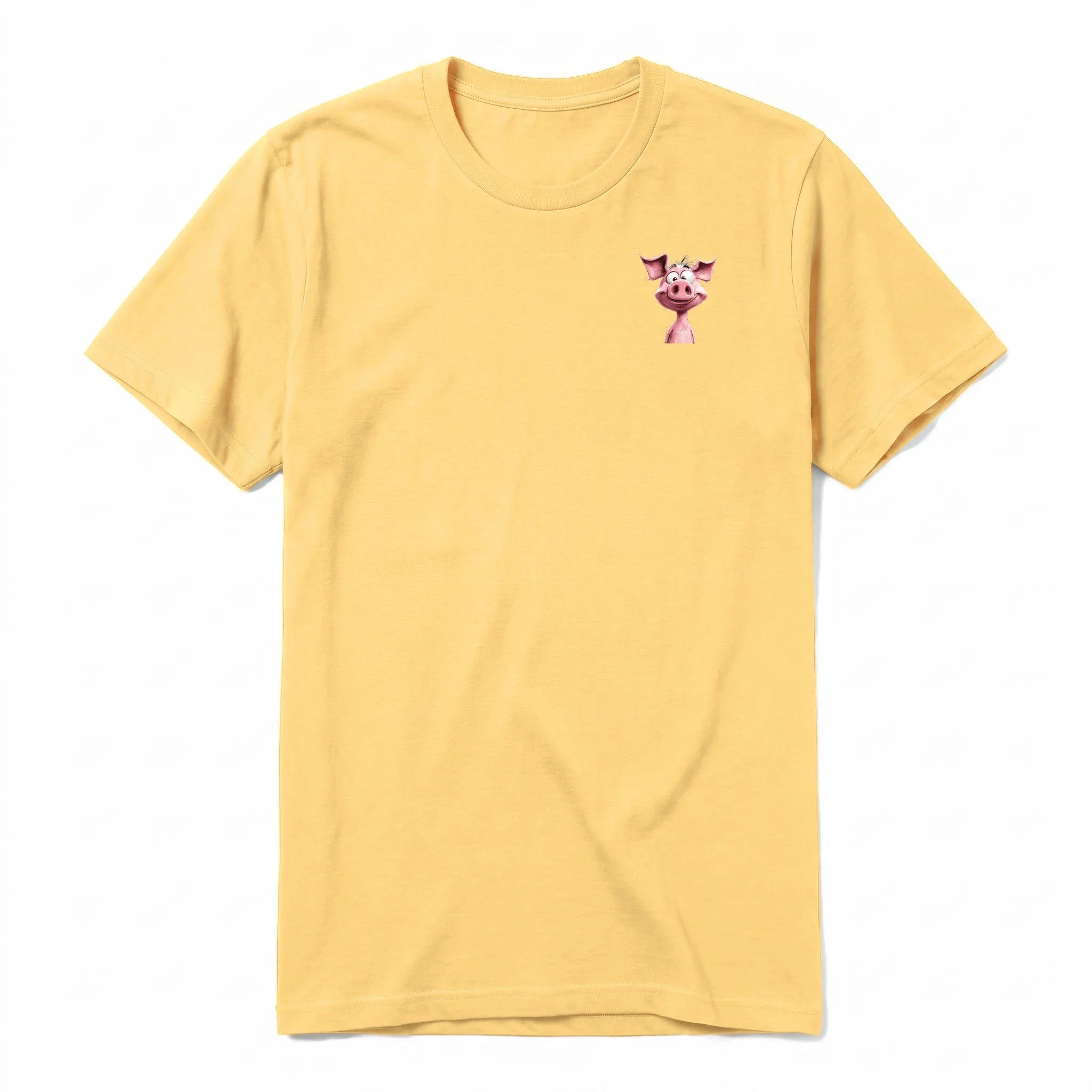 Un T-shirt moutarde à manches courtes et col rond, orné d'un motif représentant un animal de la ferme sur la poitrine gauche.