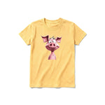 Un T-shirt moutarde à manches courtes et col rond pour jeune, orné d'un motif représentant un animal de la ferme sur le devant.