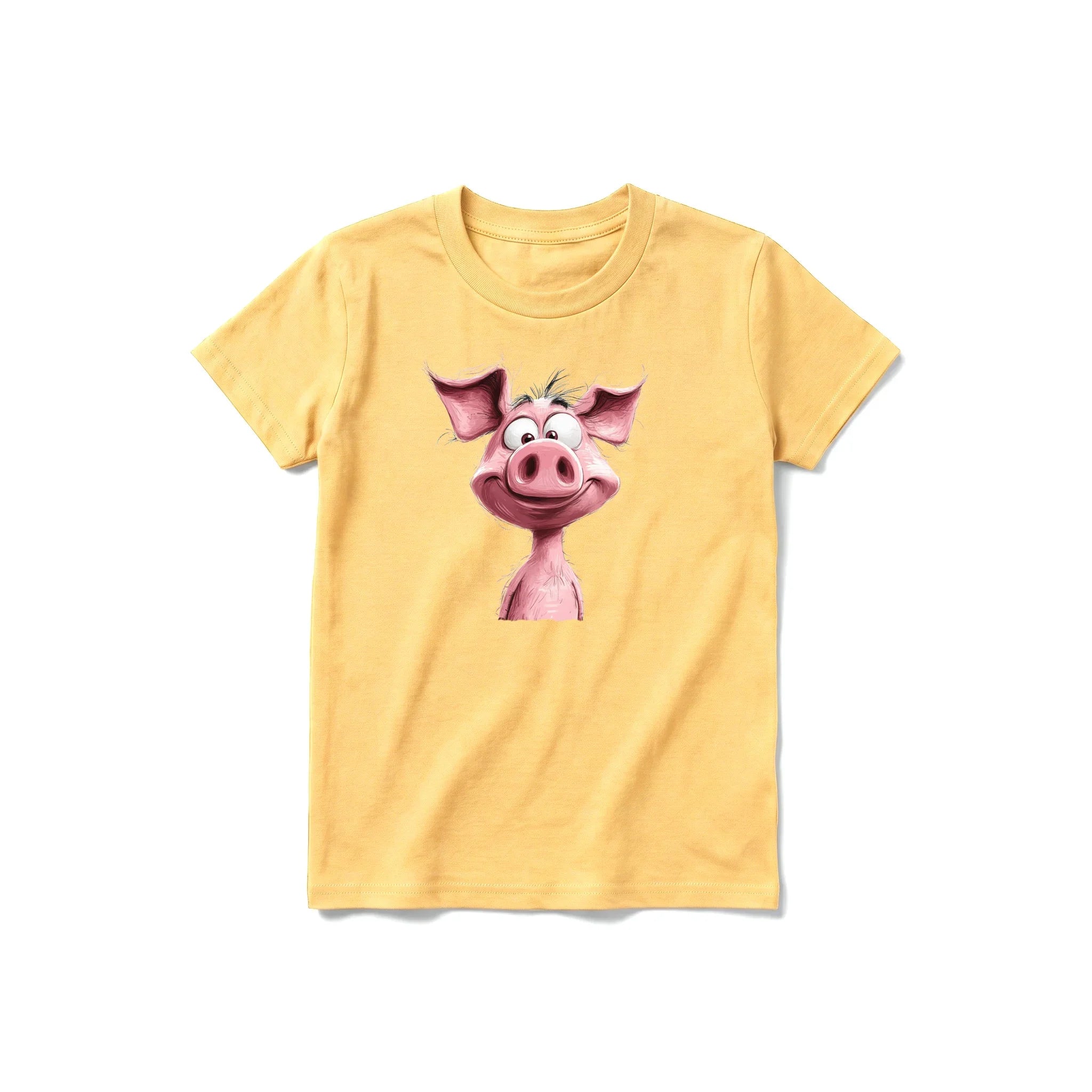 Un T-shirt moutarde à manches courtes et col rond pour jeune, orné d'un motif représentant un animal de la ferme sur le devant.