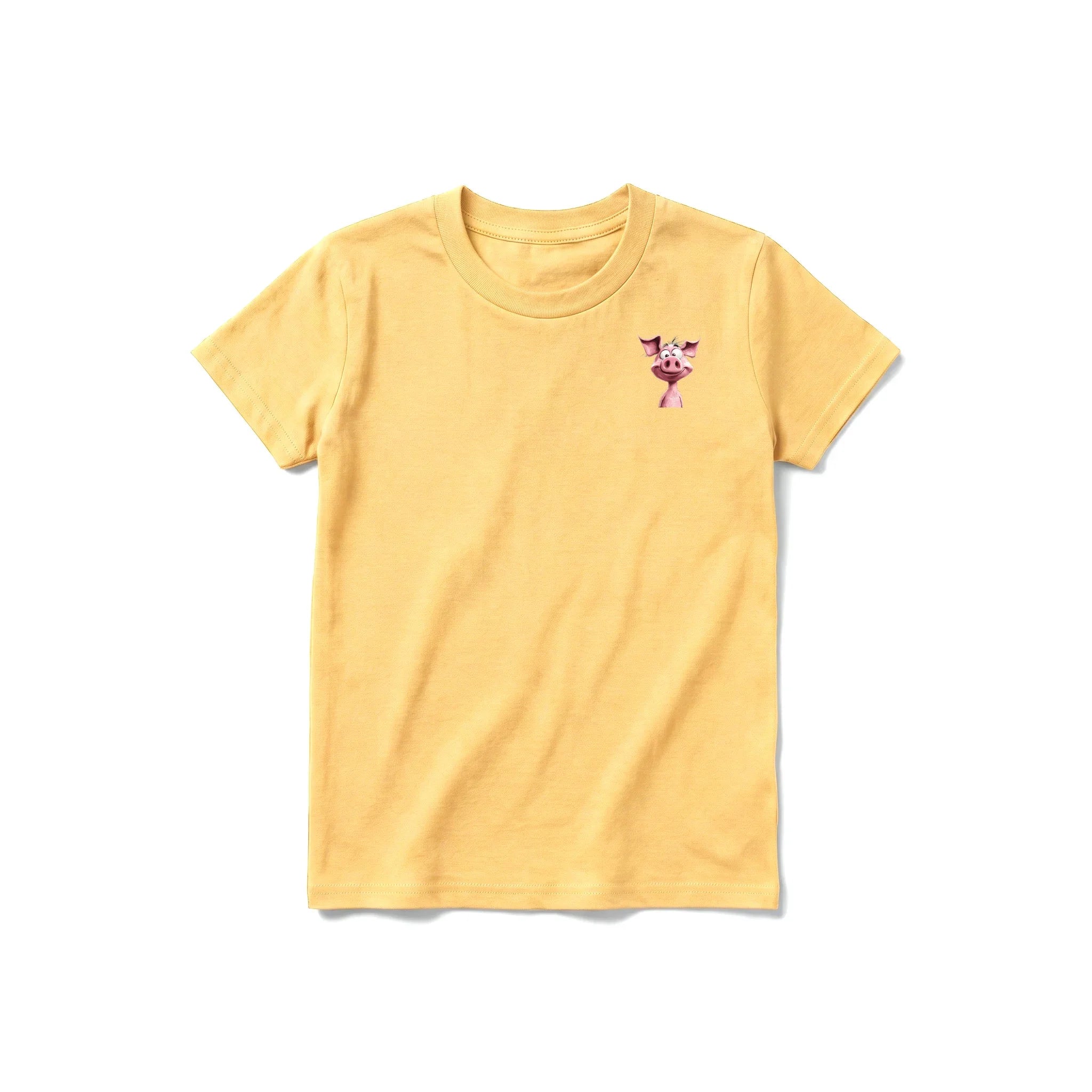 Un T-shirt moutarde à manches courtes et col rond pour jeune, orné d'un motif représentant un animal de la ferme sur la poitrine gauche.