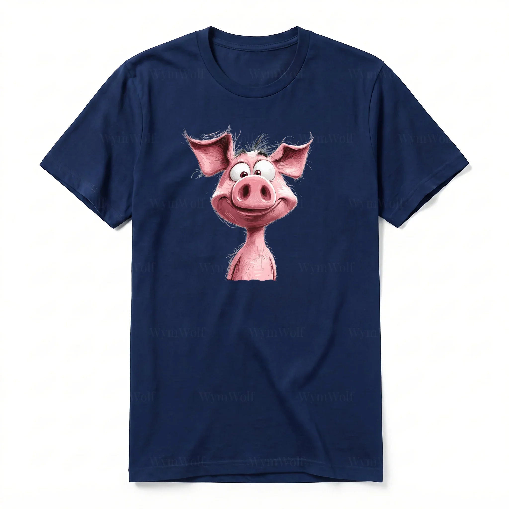 A navy short-sleeve crewneck t-shirt for adult featuring a graphic of a farm animal on the front.