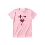 A pink short-sleeve crewneck t-shirt for youth featuring a graphic of a farm animal on the front.