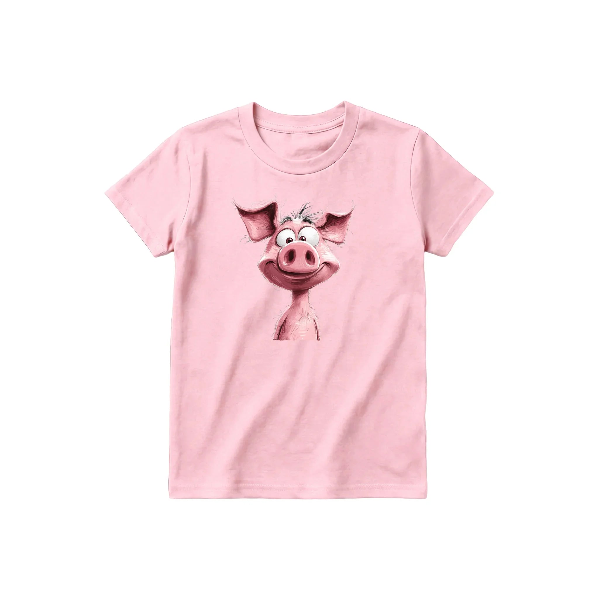 A pink short-sleeve crewneck t-shirt for youth featuring a graphic of a farm animal on the front.
