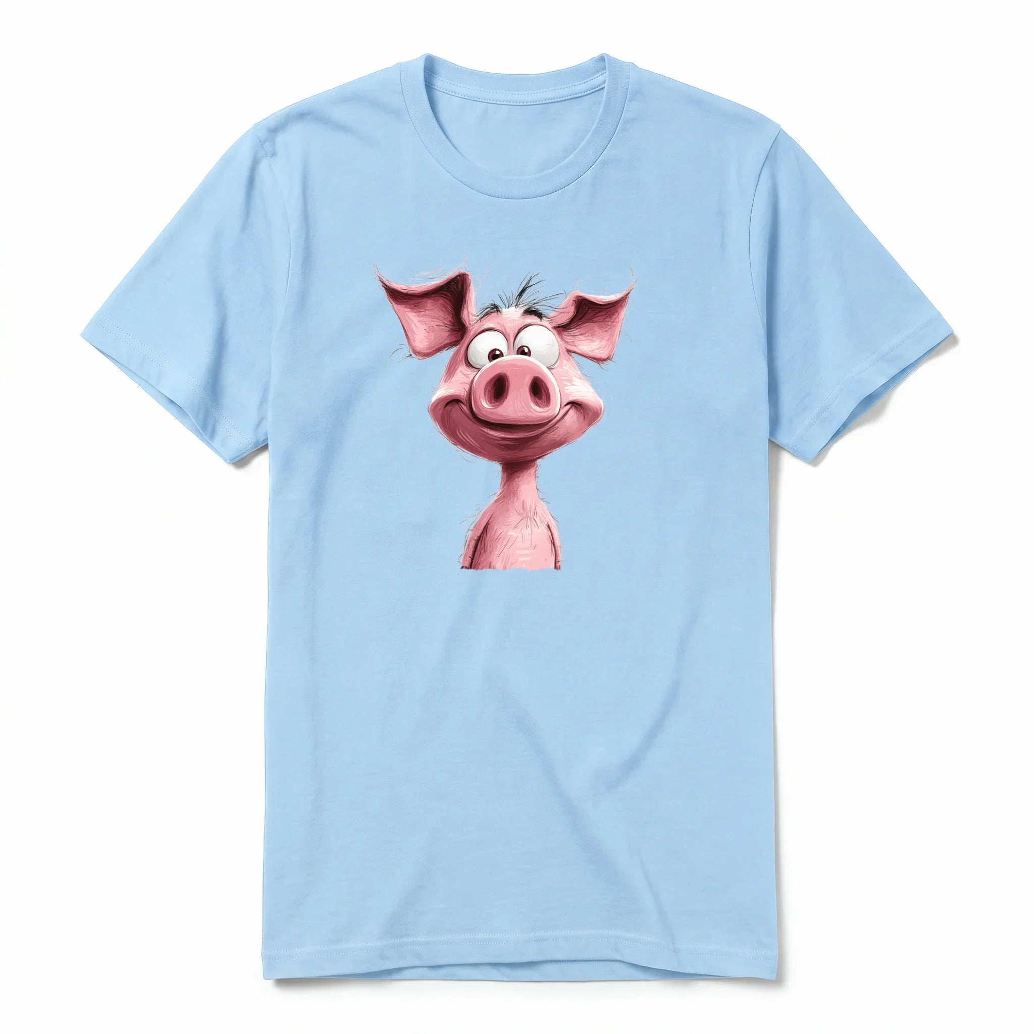 A powder short-sleeve crewneck t-shirt for adult featuring a graphic of a farm animal on the front.