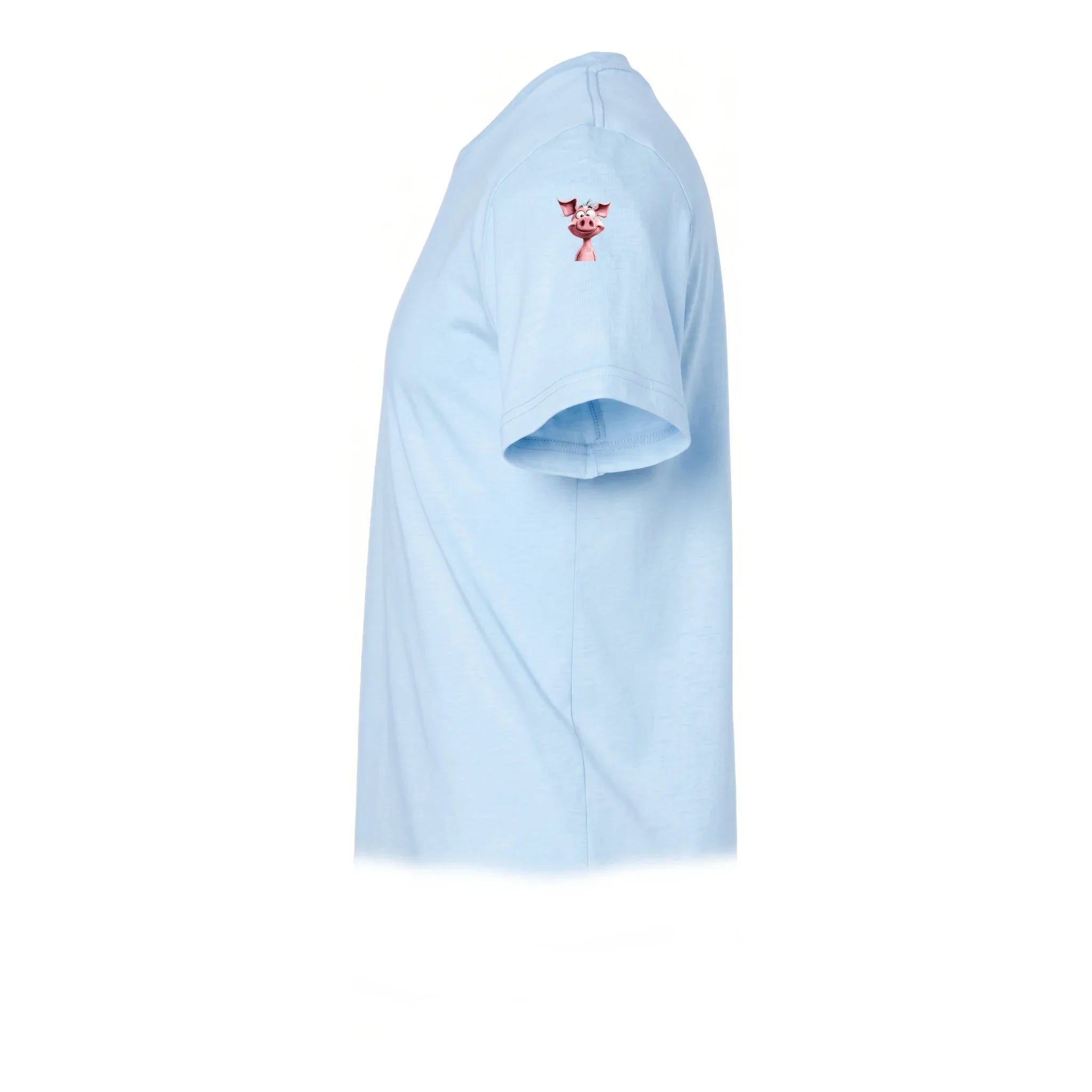 A powder short-sleeve crewneck t-shirt  featuring a small graphic of a farm animal on the upper left sleeve.
