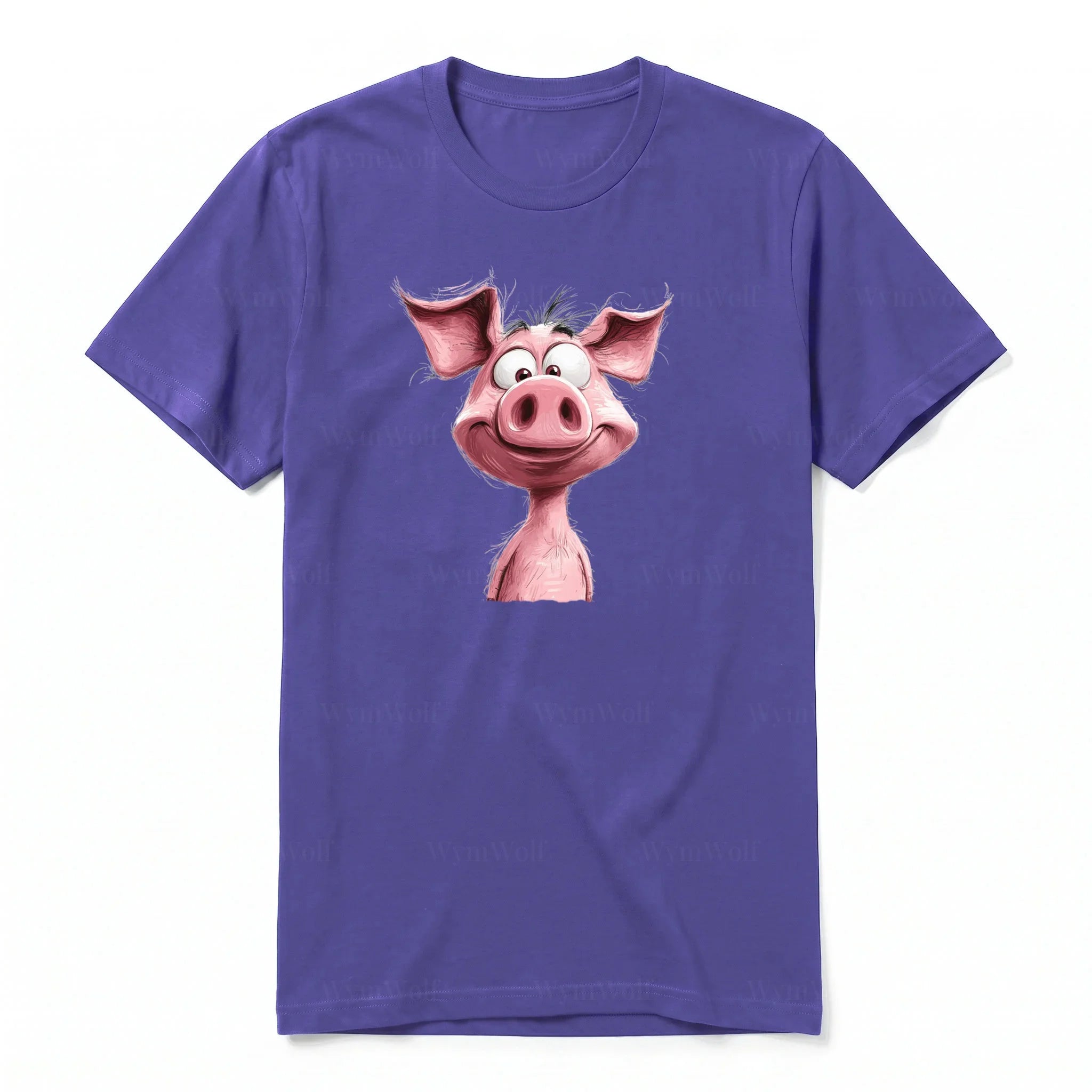 Un T-shirt violet à manches courtes et col rond, orné d'un motif représentant un animal de la ferme sur le devant.