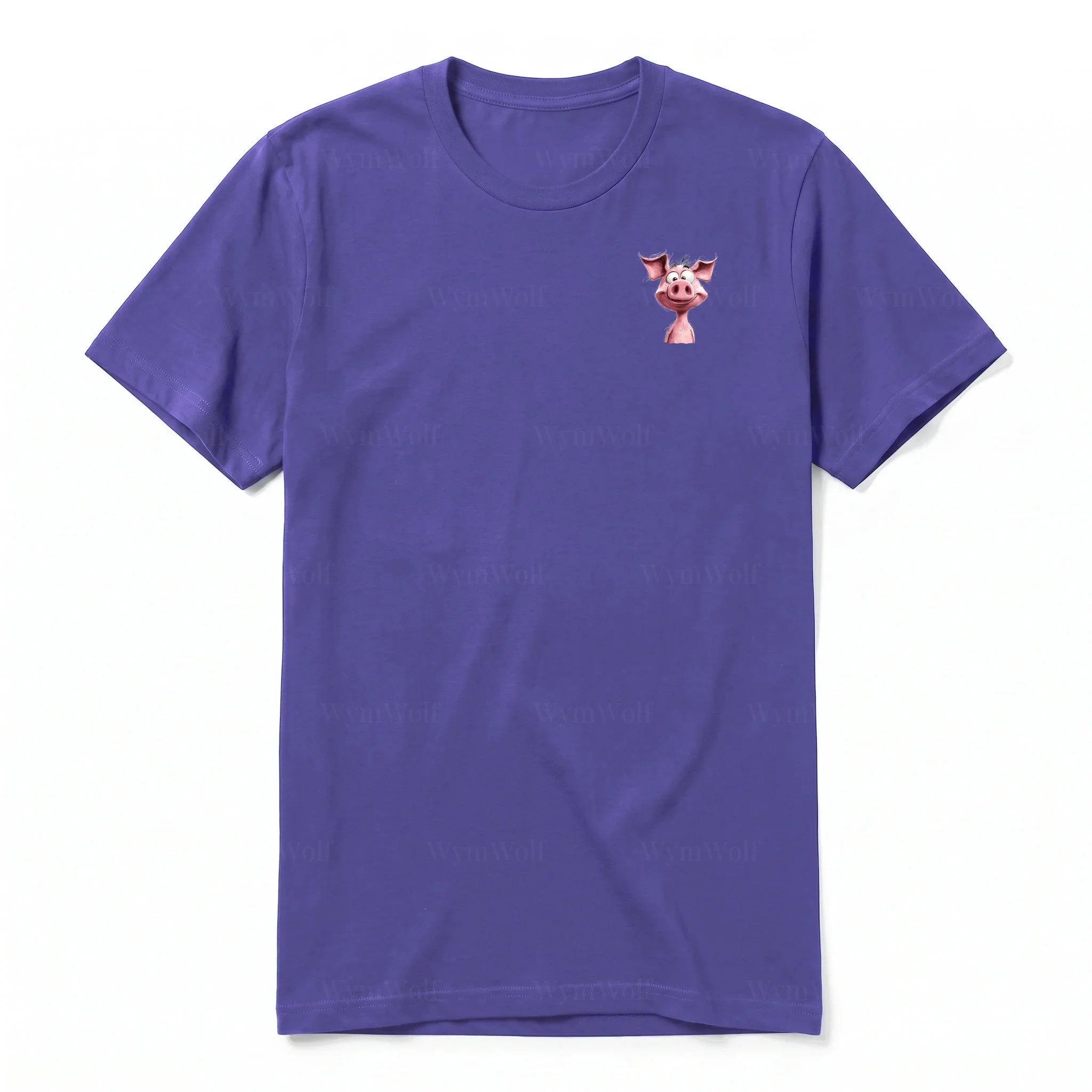 Un T-shirt violet à manches courtes et col rond, orné d'un motif représentant un animal de la ferme sur la poitrine gauche.