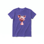 Un T-shirt violet à manches courtes et col rond pour jeune, orné d'un motif représentant un animal de la ferme sur le devant.