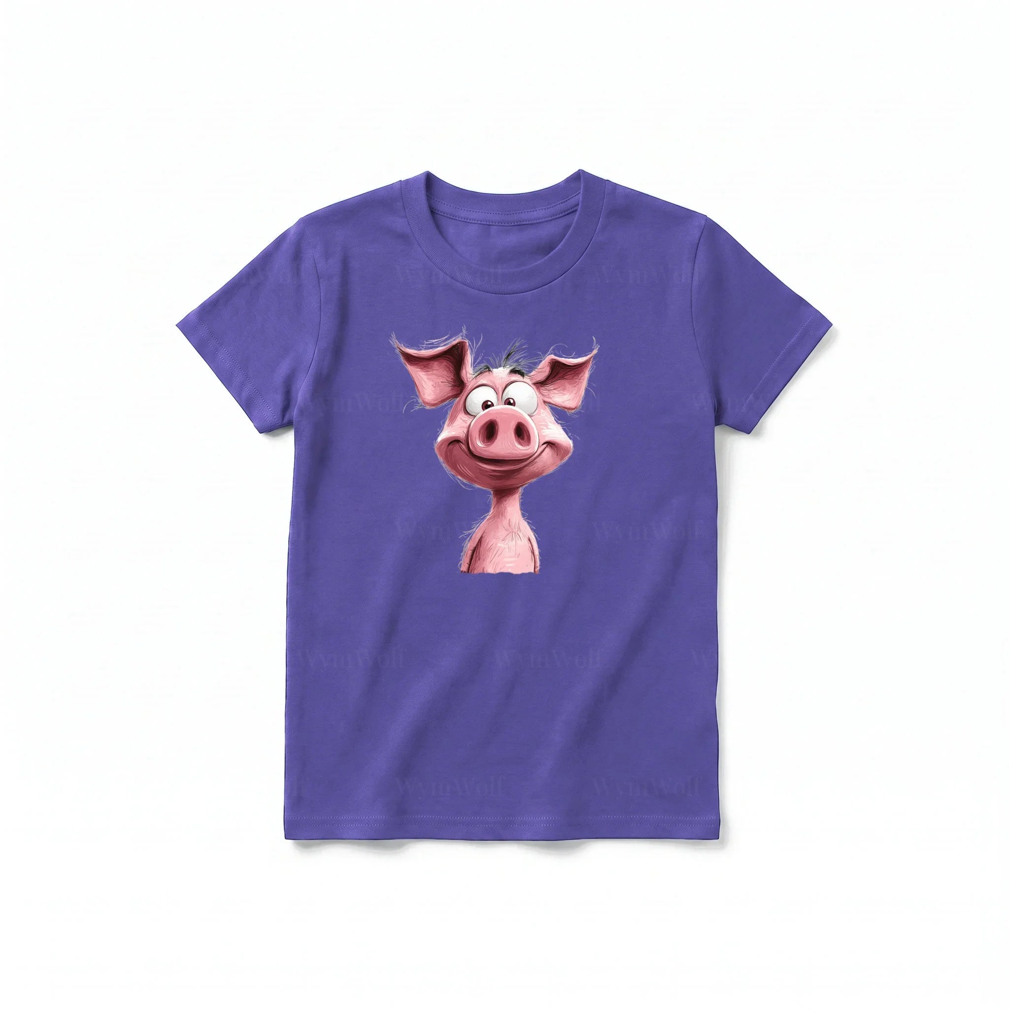 Un T-shirt violet à manches courtes et col rond pour jeune, orné d'un motif représentant un animal de la ferme sur le devant.